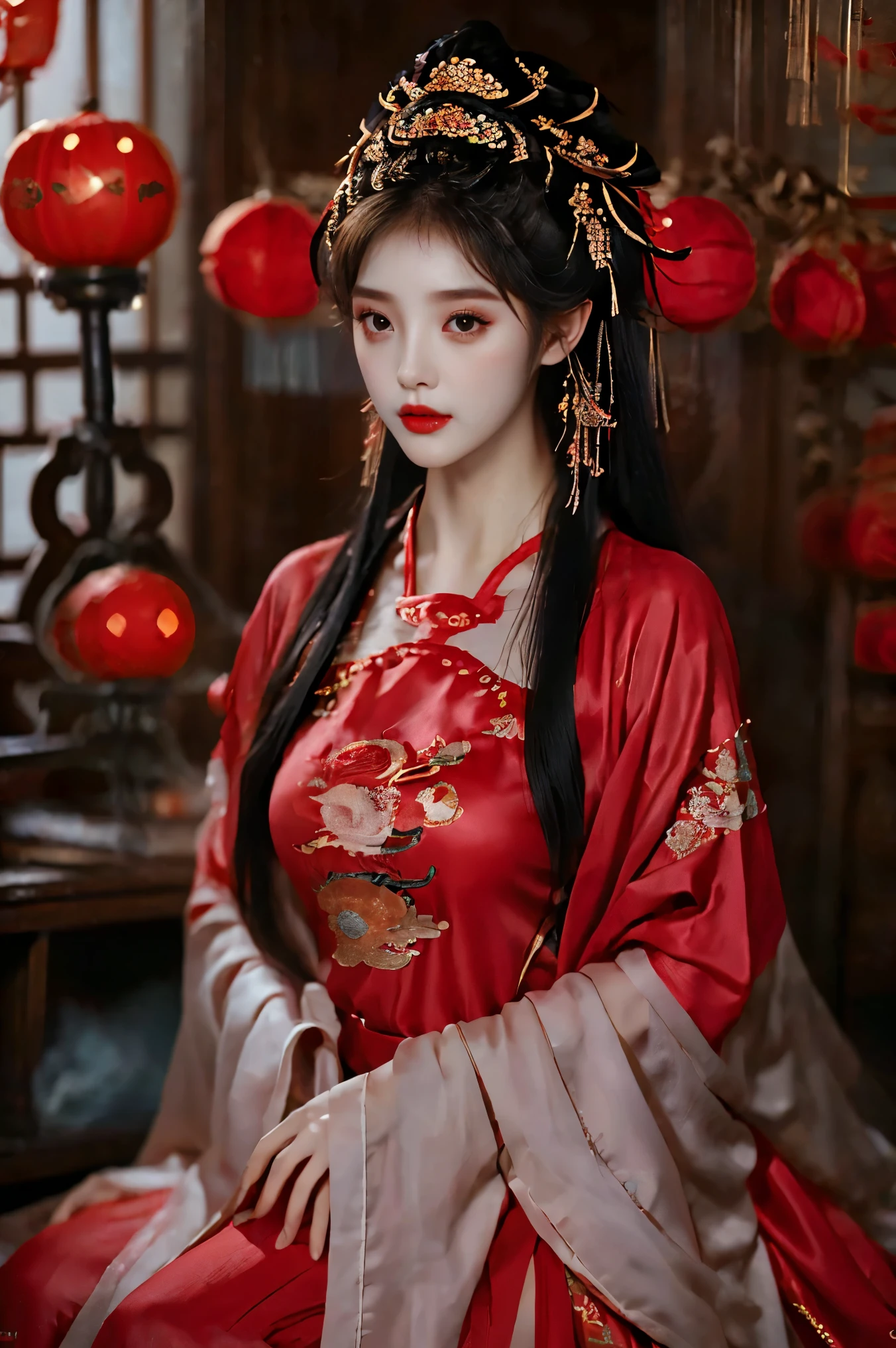 1girl, 20 years old, center, Black long hair, Red lips, Perfect thighs, Chinese Queen, Gold embroidery clothing, Red cheongsam, Lace, Red cape, Red embroidered shoes, (Look into the camera:1.5), stand up, night, Wooden pavilion, Chinese Palace, Front view, curls, Hair flying, Gloomy sky, beautiful right eye pupil, (Very delicate and beautiful Korean female facial features:1.3), (Beautiful and detailed description of eyes), Best picture quality, Movie Lighting, Detailed background, Surrealism, rococo style, Art Deco, dutch angle, masterpiece, UHD, masterpiece, ccurate, anatomically correct, textured skin, super detail, high details, award winning, best quality, 8k, gufeng