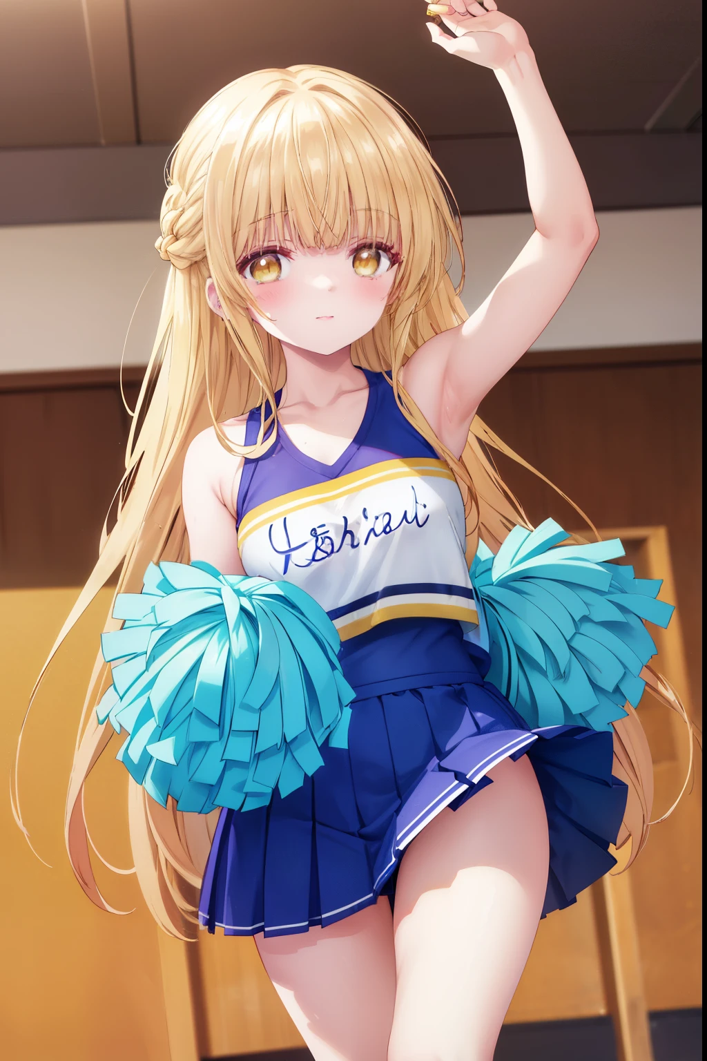 Mahiru shiina, , blonde, (Yellow Eyes:1.3)、Braided long hair,,blush,smile,Captivating thighs、Beautiful bare legs, Sideways armpit、Wearing cheerleading uniform、Sexy Cheerleader、dancing、Cheerleading Costumes、Holding cheer pom-poms
(masterpiece:1.2), highest quality, High resolution, unity 8k wallpaper, (shape:0.8), (Beautiful and beautiful eyes:1.6), Highly detailed face, Perfect lighting, Highly detailed CG, (Perfect hands, Perfect Anatomy),
