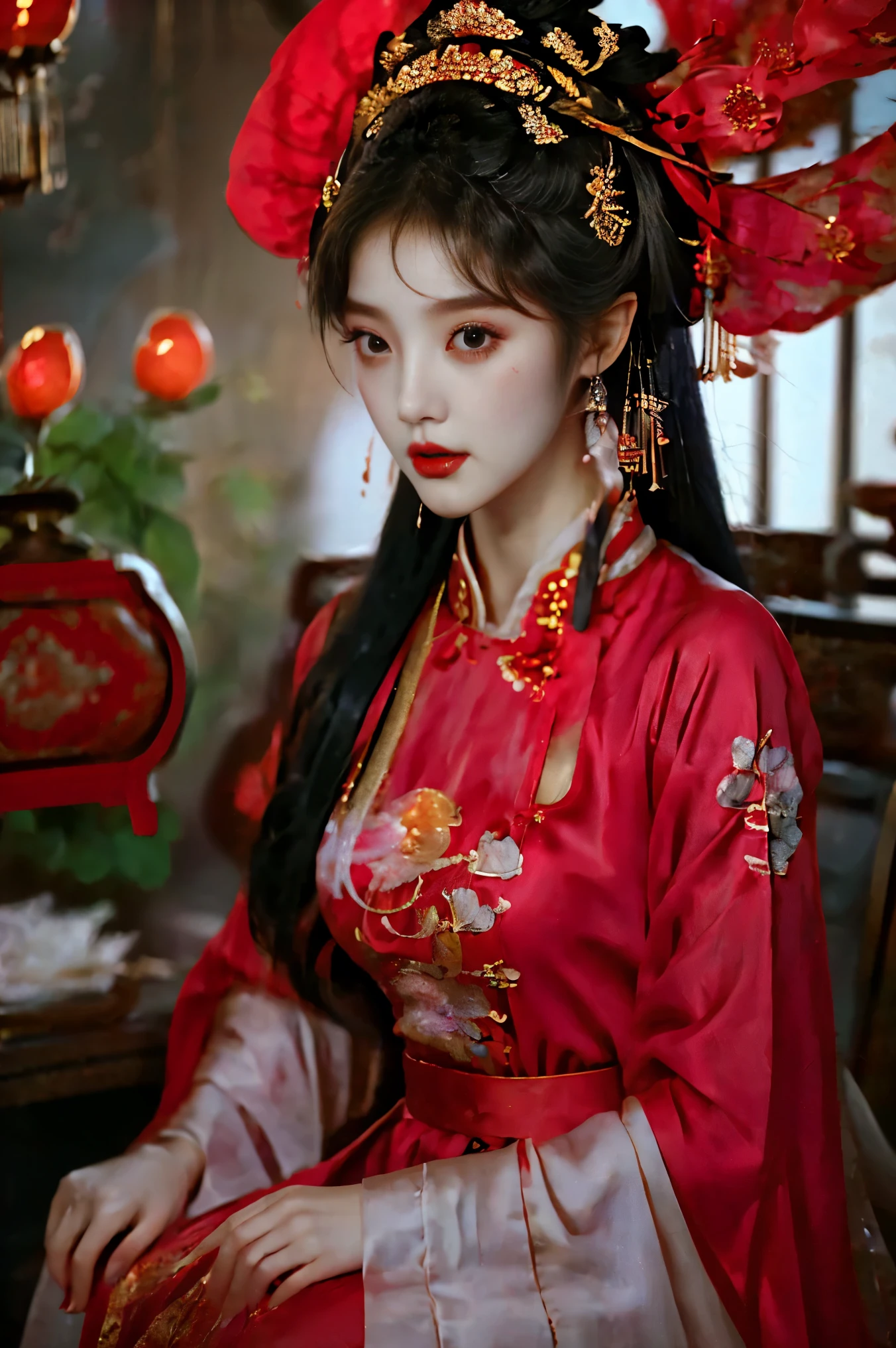 1girl, 20 years old, center, Black long hair, Red lips, Perfect thighs, Chinese Queen, Gold embroidery clothing, Red cheongsam, Lace, Red cape, Red embroidered shoes, (Look into the camera:1.5), stand up, night, Wooden pavilion, Chinese Palace, Front view, curls, Hair flying, Gloomy sky, beautiful right eye pupil, (Very delicate and beautiful Korean female facial features:1.3), (Beautiful and detailed description of eyes), Best picture quality, Movie Lighting, Detailed background, Surrealism, rococo style, Art Deco, dutch angle, masterpiece, UHD, masterpiece, ccurate, anatomically correct, textured skin, super detail, high details, award winning, best quality, 8k