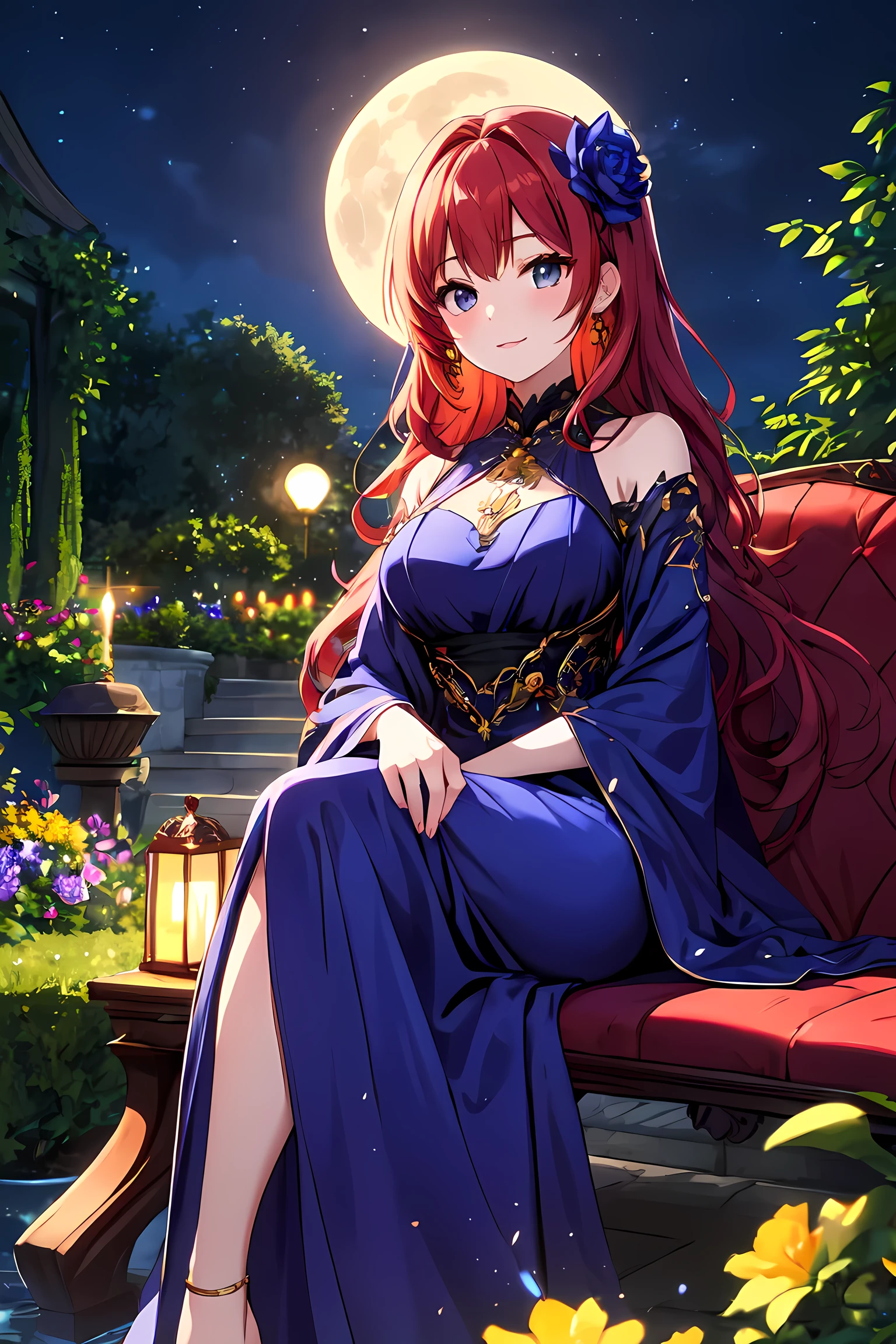 Beautiful and charming dragon girl Long ruby red hair flowing., Sapphire blue silk evening gown with black onyx satin trim., Sitting in a luxurious garden with golden flowers adorned with gems. In the light of the pale moon that shines brightly in the night sky

