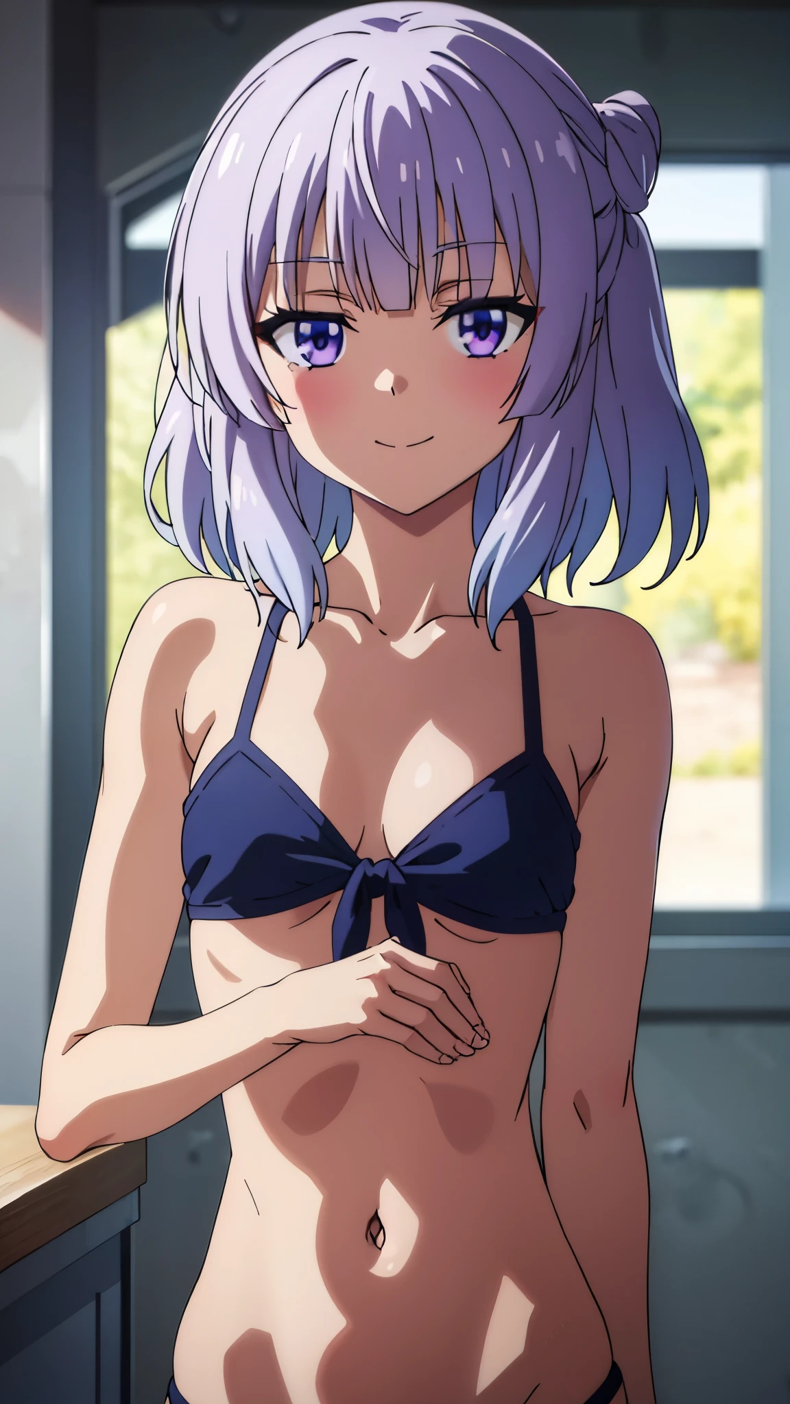 short girl, masterpiece, highres, solo, 8k, detailed, perfect face, best quality, (ultra high quality), (looking at viewers), (armpit), collarbone, bare arms, bare shoulders, small breast, cleavage, silver hair, violet eyes, belly, stomach, navel, abs, micro bikini, slim body, upper body, closed mouth, smile, blush, at forest, hand up