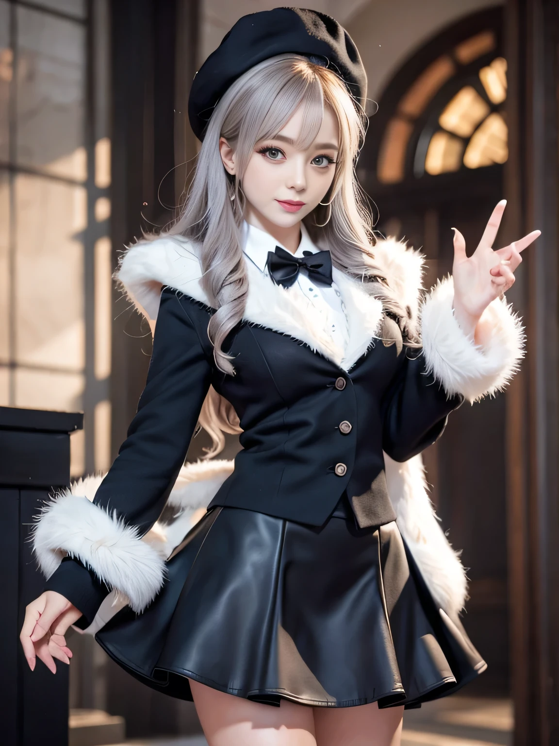 Realistic, High resolution, 1. Female, alone, Hip Up,Lolita Costume， Beautiful Eyes, Gray Hair, The eyes are round, Collared shirt,Black tie,Black Skirt, Pencil Skirt, Fur coat