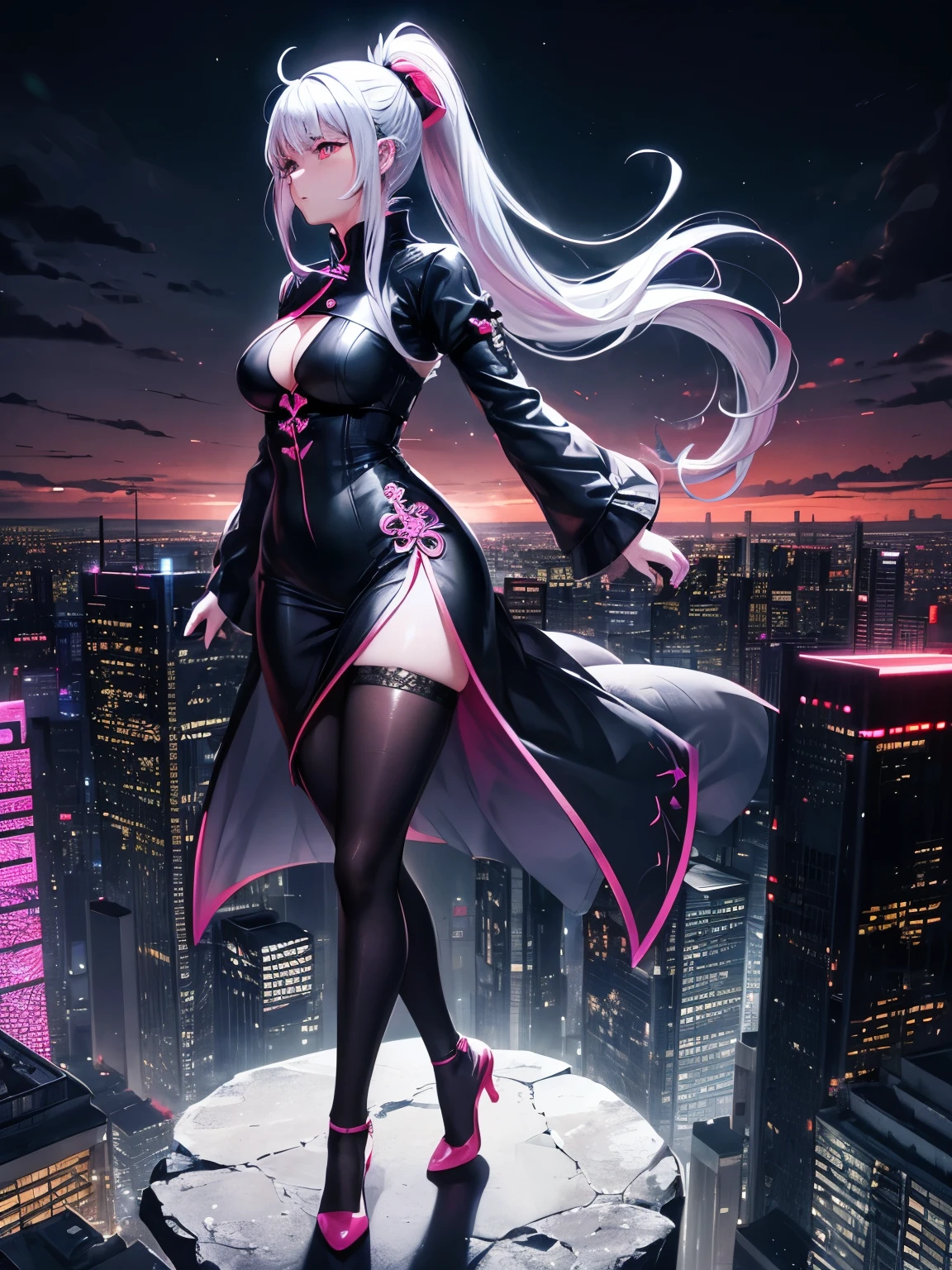 anime, (artwork, best quality, ultra-detailed, high contrast), 1 woman (Alone, full body, plus size body, standing on the edge of the skyscraper, silver hair, LONG In a ponytail, red eyes ruby sparkles, (simple black qipao, black cybernetics with neon pink), transparent black socks), (skyscraper roof, overlooking a city, detailed background ((night time, Darkness, low light pollution)))