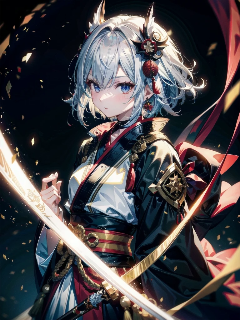 whole body, red-black costume, holding a sword, Onmyoji, fox nobushi, Flowing white robe, absurdres, RAW photo, extremely delicate and beautiful, masterpiece, Best Quality, ultra high resolution, 32k, hyperrealistic, ultra-detailed, detailed description, pale skin, 20 years old, tearful mole, earring, Colossal tits, short medium hair, wavy hair,