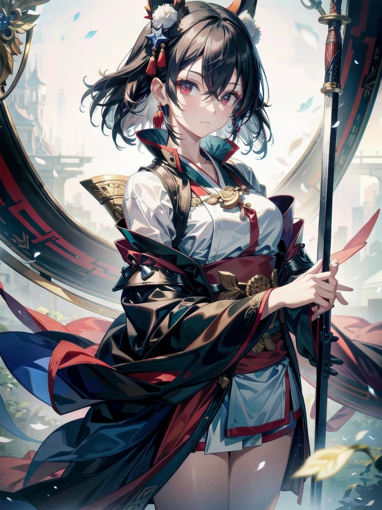 whole body, red-black costume, holding a sword, Onmyoji, fox nobushi, Flowing white robe, absurdres, RAW photo, extremely delicate and beautiful, masterpiece, Best Quality, ultra high resolution, 32k, hyperrealistic, ultra-detailed, detailed description, pale skin, 20 years old, tearful mole, earring, Colossal tits, short medium hair, wavy hair,