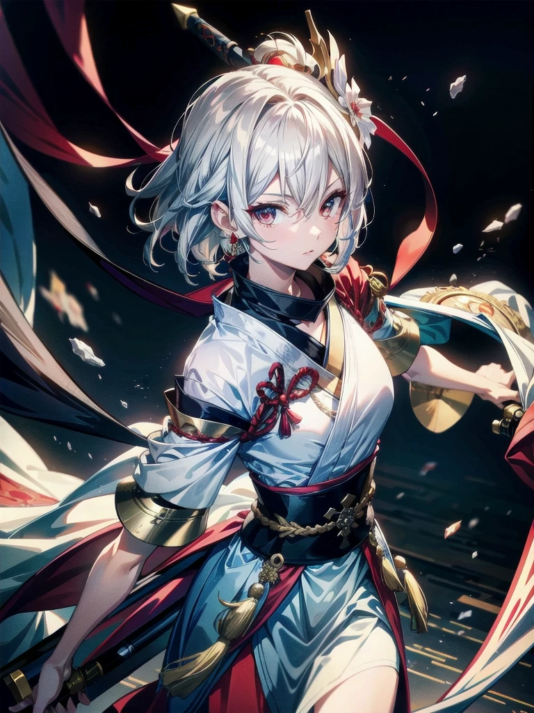 whole body, red-black costume, holding a sword, Onmyoji, fox nobushi, Flowing white robe, absurdres, RAW photo, extremely delicate and beautiful, masterpiece, Best Quality, ultra high resolution, 32k, hyperrealistic, ultra-detailed, detailed description, pale skin, 20 years old, tearful mole, earring, Colossal tits, short medium hair, wavy hair,