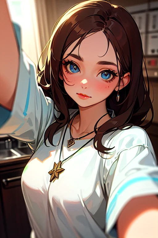 (Please, create an image of a young woman wearing a shirt and necklace... She has brown hair, big, Blue eyes, and thin, natural makeup.Looking straight into the camera, brunette in the kitchen. Selfies must be without visible makeup.., and she must look straight into the camera. Raislin's little style, Close-up, the camera is close to the face and large. Sexy black bikini and panties Close-up, bubble butt