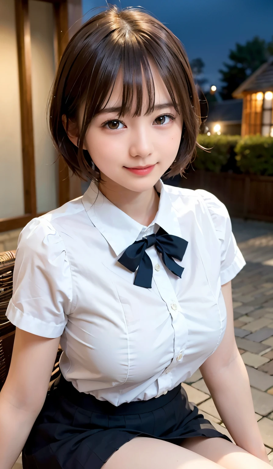 (8k, RAW photo, best quality, masterpiece:1.2), (realistic, photo-realistic:1.37), ultra-detailed,
1 girl,cute, solo,beautiful detailed sky,detailed cafe,night,sitting,dating,(nose blush),(smile:1.1),(closed mouth),large breasts, seductive smile, large aparture, professional lighting, Sony A7R4, Zessie 50mm F1.8,
medium breasts,beautiful detailed eyes,(collared shirt:1.1), bowtie,pleated skirt,(short hair:1.2),floating hair 