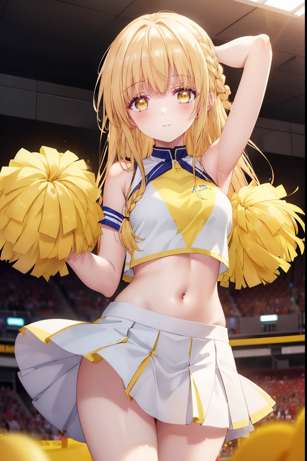 Mahiru shiina, , blonde, (Yellow Eyes:1.3)、Braided long hair,,blush,smile,Captivating thighs、Beautiful bare legs, Sideways armpit、Wearing cheerleading uniform、Sexy Cheerleader、dancing、Cheerleading Costumes、Holding cheer pom-pomy belly is visible
(masterpiece:1.2), highest quality, High resolution, unity 8k wallpaper, (shape:0.8), (Beautiful and beautiful eyes:1.6), Highly detailed face, Perfect lighting, Highly detailed CG, (Perfect hands, Perfect Anatomy),