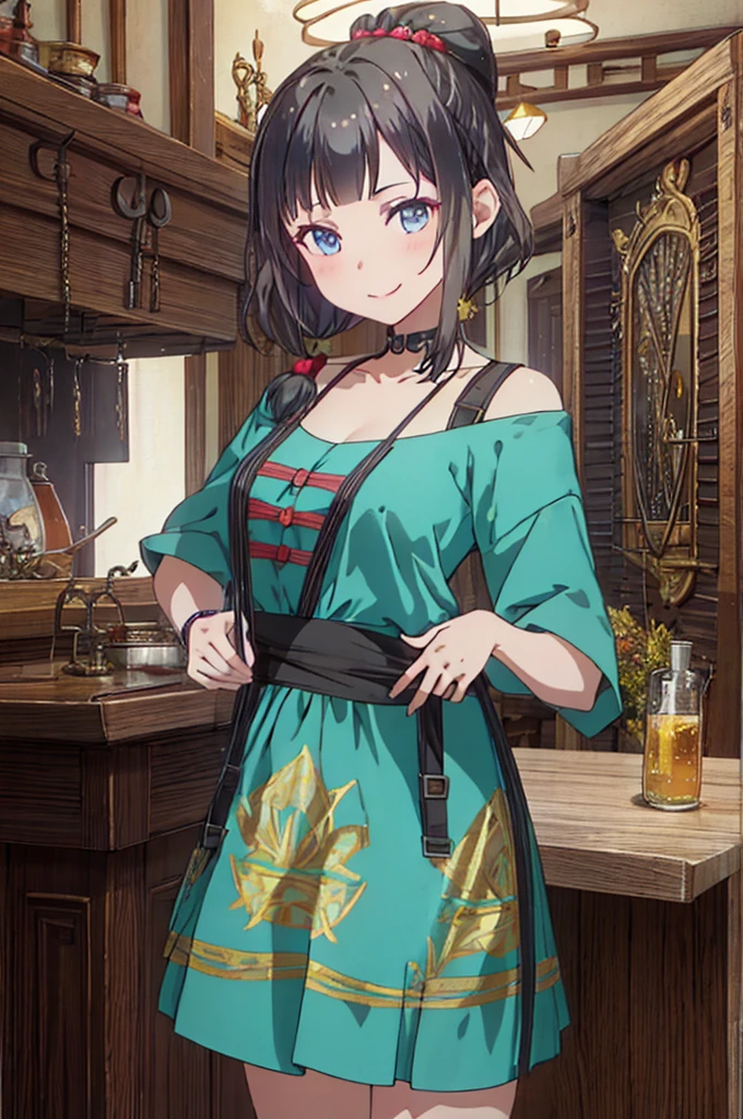 (fantasy:1.5),(anime,8k,masterpiece, top quality, best quality,beautiful and aesthetic:1.2,professional illustrasion:1.1,ultra detail:1.3,perfect lighting),extremely detailed,highest detailed,incredibly absurdres , highres, ultra detailed,intricate:1.6,(Alchemy Workshop:1.4),A girl mixing,Medicine in many small bottles,holding small potion,colorful:1.4,zentangle,(1girl),(girl),(Three kingdoms female warload),(highly detailed beautiful face and eyes,firm breasts),oily skin,((black,hair,short bob with short pony tail hair)),thin pubic hair,cute,lovely,34 years old,alchemist costume,Merchant's Clothing,smile,in the kitchen,smile,seductive weak smiling,(with sparkling eyes and a contagious smile),open mouth, Looking at Viewer,