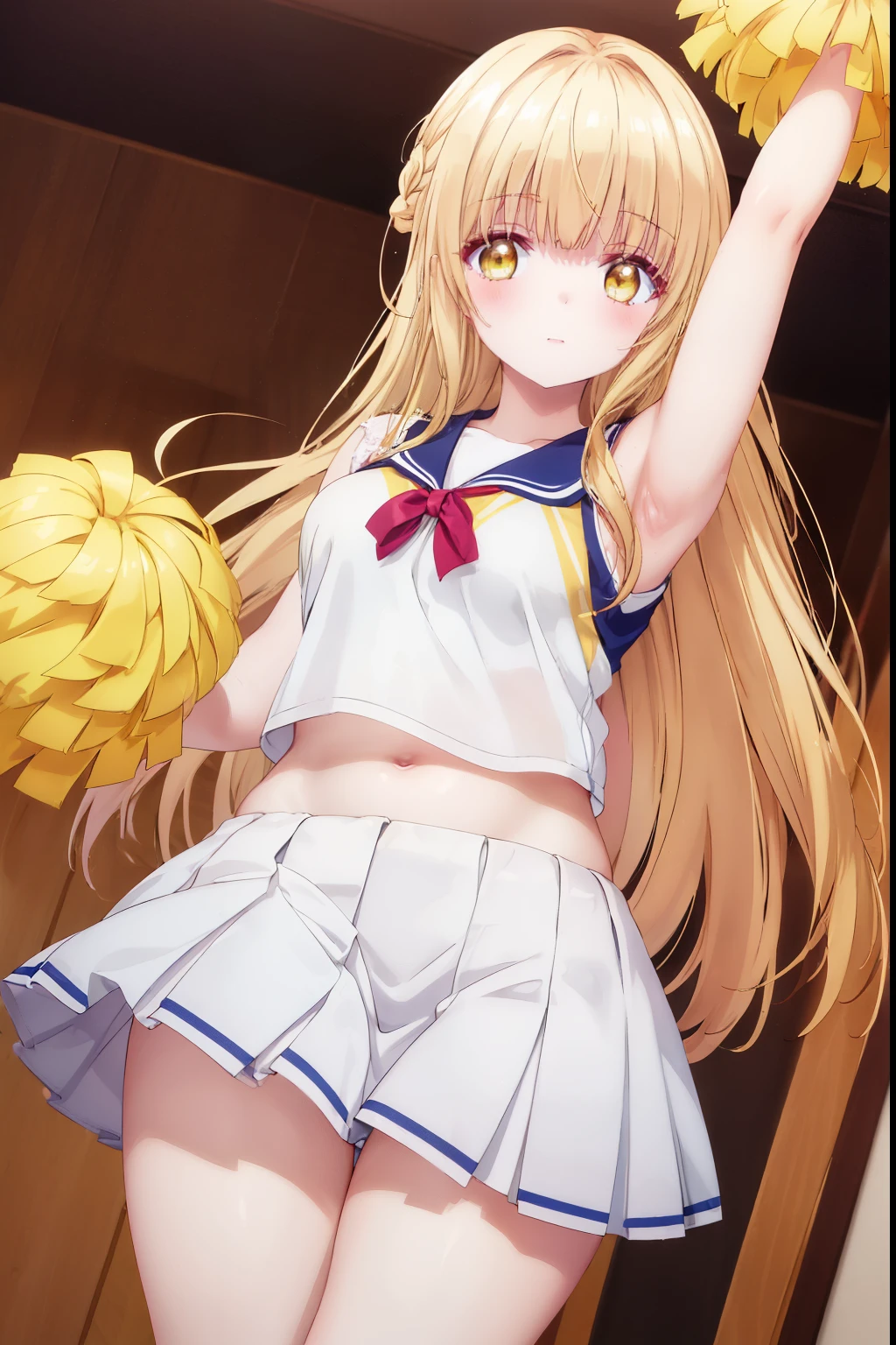 Mahiru shiina, , blonde, (Yellow Eyes:1.3)、Braided long hair,,blush,smile,Captivating thighs、Beautiful bare legs, Sideways armpit、Wearing cheerleading uniform、Sexy Cheerleader、dancing、Cheerleading Costumes、Holding cheer pom-pomy belly is visible
(masterpiece:1.2), highest quality, High resolution, unity 8k wallpaper, (shape:0.8), (Beautiful and beautiful eyes:1.6), Highly detailed face, Perfect lighting, Highly detailed CG, (Perfect hands, Perfect Anatomy),