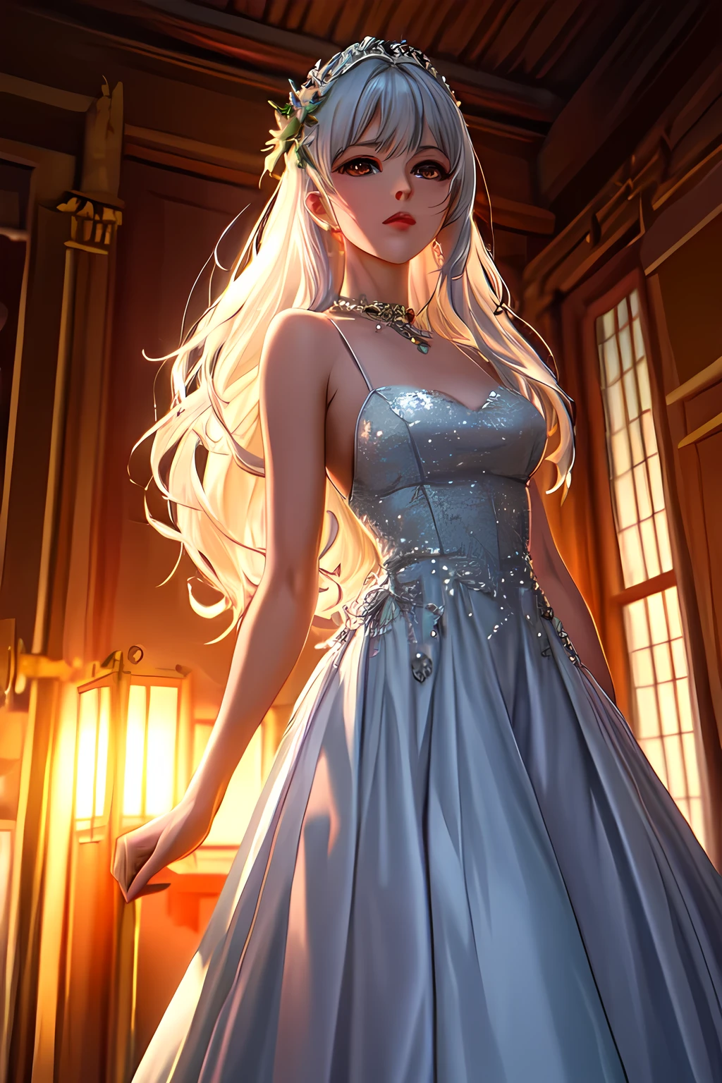 (วอลล์เปเปอร์ CG 8k very detailed, Masterpiece, best quality, very detailed), (Better lighting, Better shadow, Very delicate and beautiful), floating, high saturation, Dynamic angle, ((1 woman)), beautiful, Ningguang(orchid evening dress) white hair, conjunctivitis, my hair is very long., hair accessories, smooth