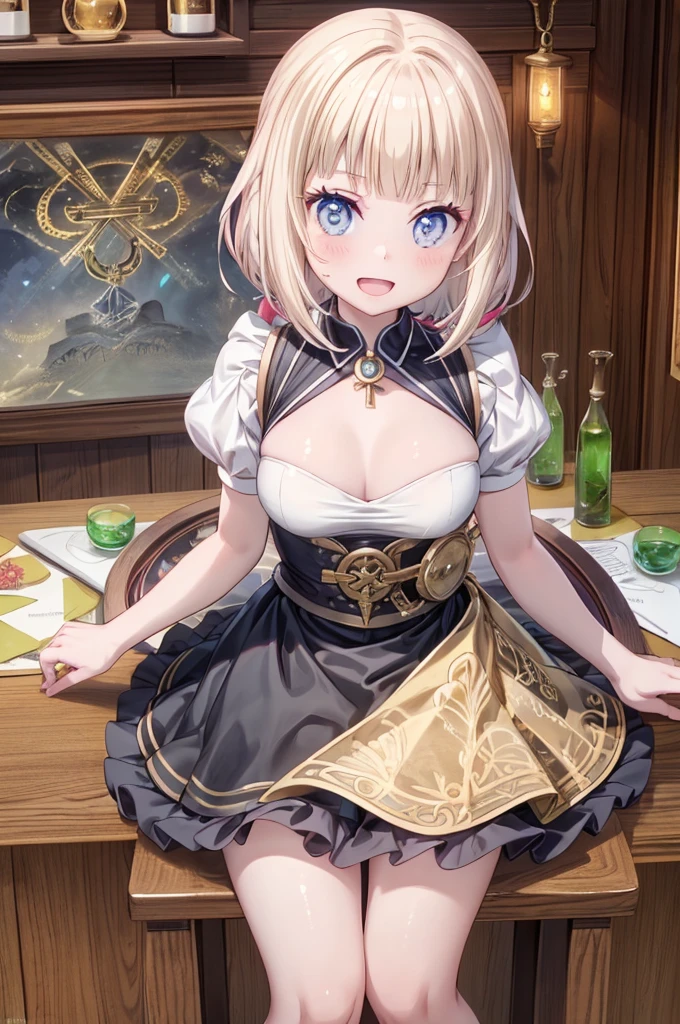 (fantasy:1.5),(anime,8k,masterpiece, top quality, best quality,beautiful and aesthetic:1.2,professional illustrasion:1.1,ultra detail:1.3,perfect lighting),extremely detailed,highest detailed,incredibly absurdres , highres, ultra detailed,intricate:1.6,(Alchemy Workshop:1.4),A girl mixing,Medicine in many small bottles,holding small potion,colorful:1.4,zentangle,(1girl),(girl),(Three kingdoms female warload),(highly detailed beautiful face and eyes,firm breasts),oily skin,((black,hair,short bob with short pony tail hair)),thin pubic hair,cute,lovely,34 years old,alchemist costume,Merchant's Clothing,smile,in the kitchen,smile,seductive weak smiling,(with sparkling eyes and a contagious smile),open mouth, Looking at Viewer,