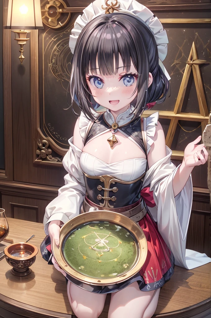(fantasy:1.5),(anime,8k,masterpiece, top quality, best quality,beautiful and aesthetic:1.2,professional illustrasion:1.1,ultra detail:1.3,perfect lighting),extremely detailed,highest detailed,incredibly absurdres , highres, ultra detailed,intricate:1.6,(Alchemy Workshop:1.4),A girl mixing,Medicine in many small bottles,holding small potion,colorful:1.4,zentangle,(1girl),(girl),(Three kingdoms female warload),(highly detailed beautiful face and eyes,firm breasts),oily skin,((black,hair,short bob with short pony tail hair)),thin pubic hair,cute,lovely,34 years old,alchemist costume,Merchant's Clothing,smile,in the kitchen,smile,seductive weak smiling,(with sparkling eyes and a contagious smile),open mouth, Looking at Viewer,