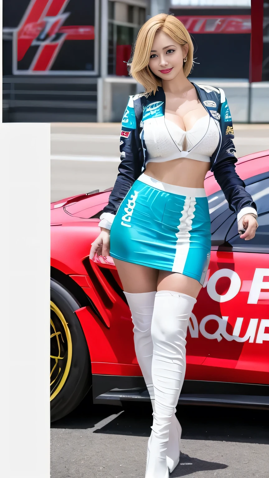 A fifty-year-old woman wearing blue and white clothes and thigh-high boots, Race Car, Tight light blue neoprene suit, Race Car, StreetOn the race track, West Shot, sports car, Smooth white tight clothing suit, On the race track, High-quality photos, Lace style, sports car, Tight clothing, High quality photos, Gift, Tight clothing