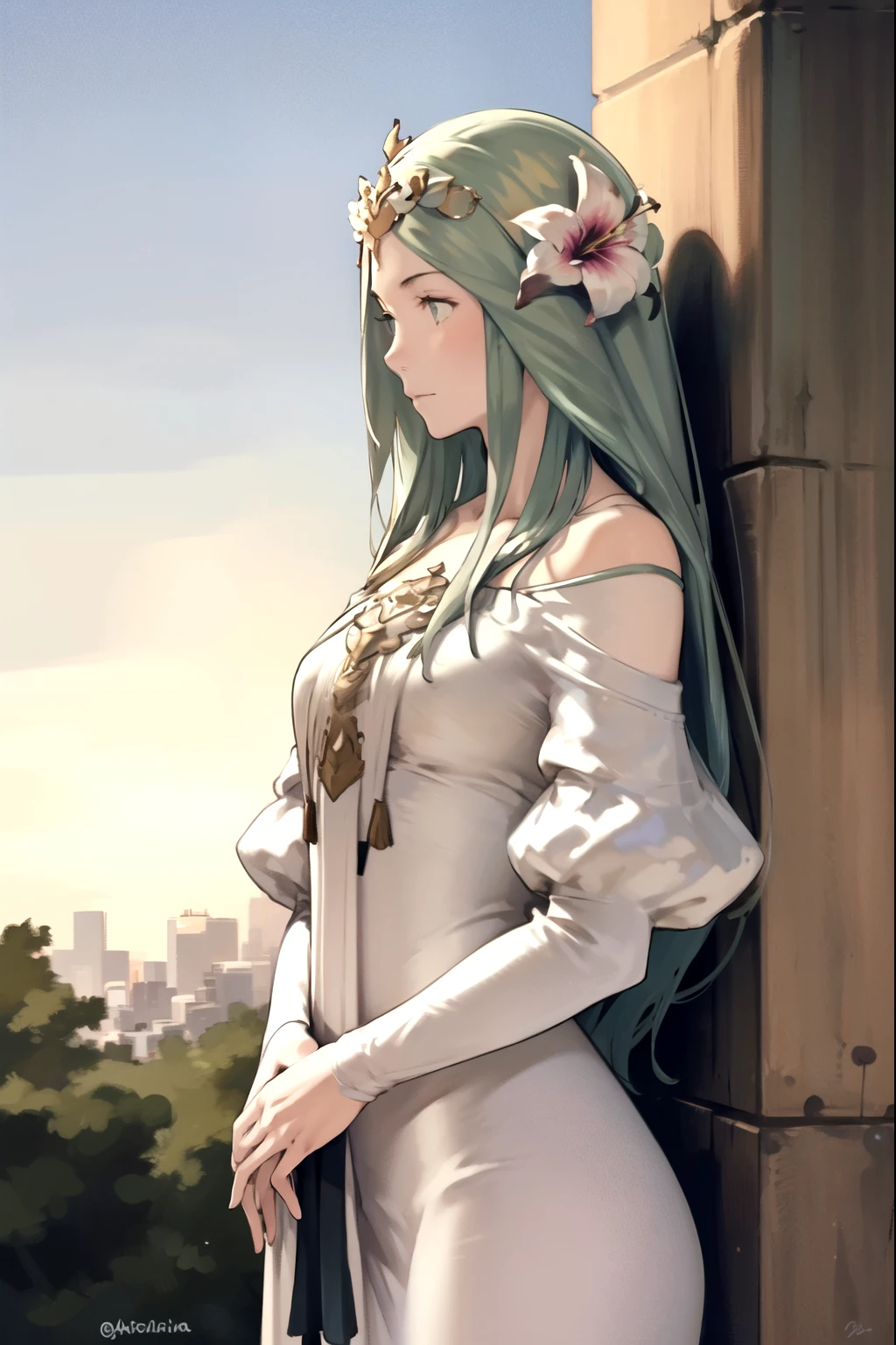 Masterpiece, solo, 1girl, upper body, altRhea, hair flower, tiara, off-shoulder dress