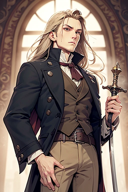 Prompt:
Generate an image of a physically young man with long blond hair. His most recurring attire is from Castlevania: Symphony of the Night, which, according to the game's setting, consists of 18th-century-style clothing. He wears a black jacket with side seams held together by four square brooches running vertically down, along with a belt. Around his neck, he wears a large white cravat. Over the jacket, he dons a long overcoat with a decorative pattern.
In addition to his clothing, he also wears a cape resembling that of Bela Lugosi. The weapon he commonly wields is the Sword, a family heirloom from his mother.
Create the image in a Bishōnen artistic style.