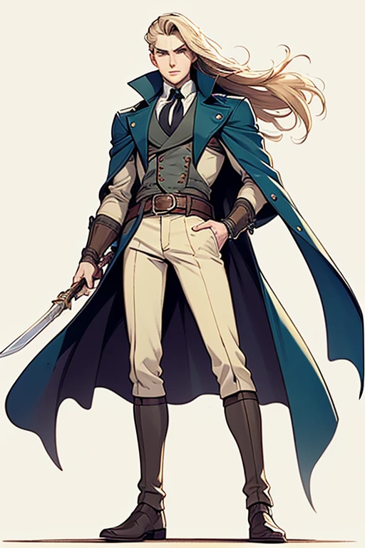 Prompt:
Generate an image of a physically young man with long blond hair. His most recurring attire is from Castlevania: Symphony of the Night, which, according to the game's setting, consists of 18th-century-style clothing. He wears a black jacket with side seams held together by four square brooches running vertically down, along with a belt. Around his neck, he wears a large white cravat. Over the jacket, he dons a long overcoat with a decorative pattern.
In addition to his clothing, he also wears a cape resembling that of Bela Lugosi. The weapon he commonly wields is the Sword, a family heirloom from his mother.
Create the image in a Bishōnen artistic style.