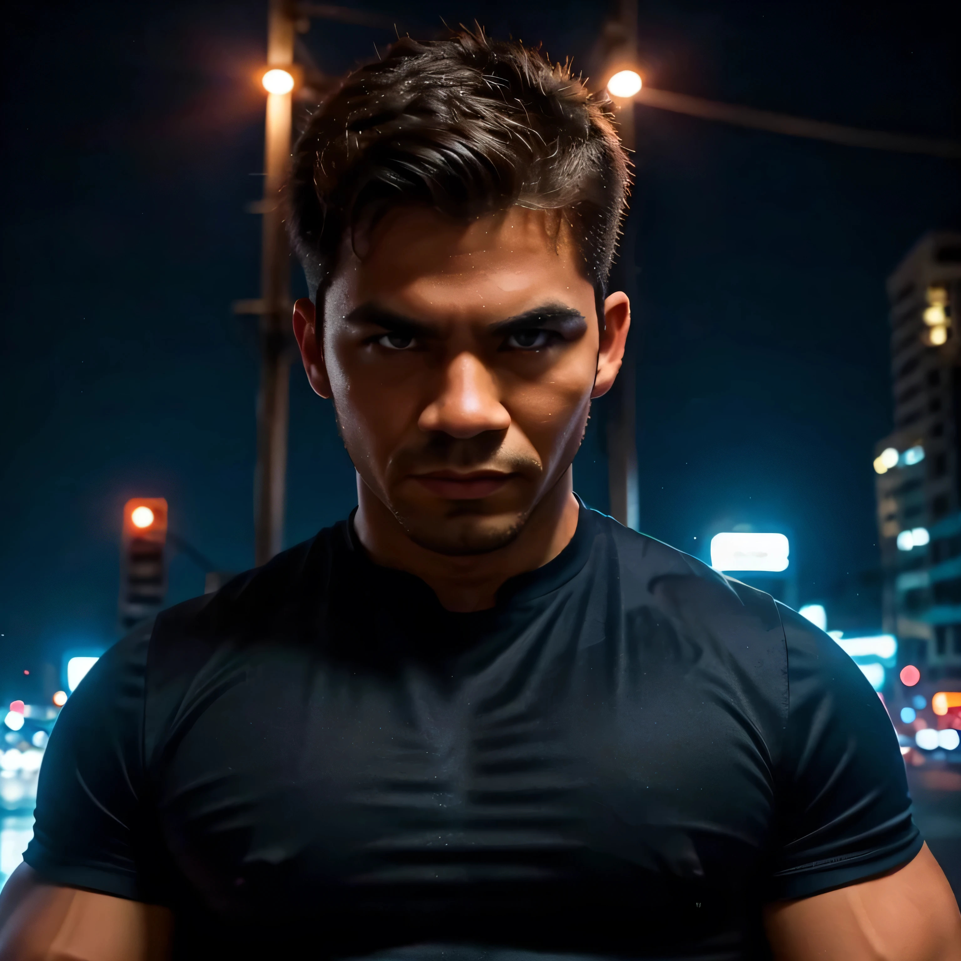A man, strong, looking at forward, hero, in the night city, vibrant color, high definition, high quality