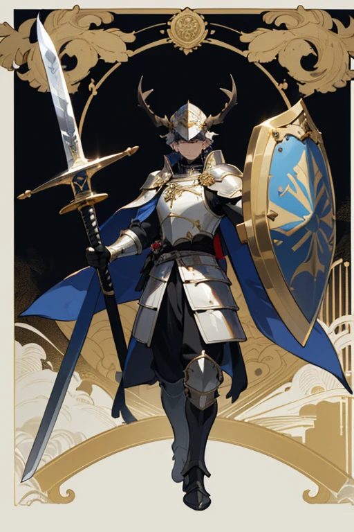 ((highest quality)), ((masterpiece)), (Familiar), One man,Fantasy,((black騎士)),Full Body Armor,Two-horned helmet,Full-face helmet,((blackい甲冑)),大sword,((blackい鎧)),Golden decoration,White pattern,sword,Cape,shield,black,Faceless helmet