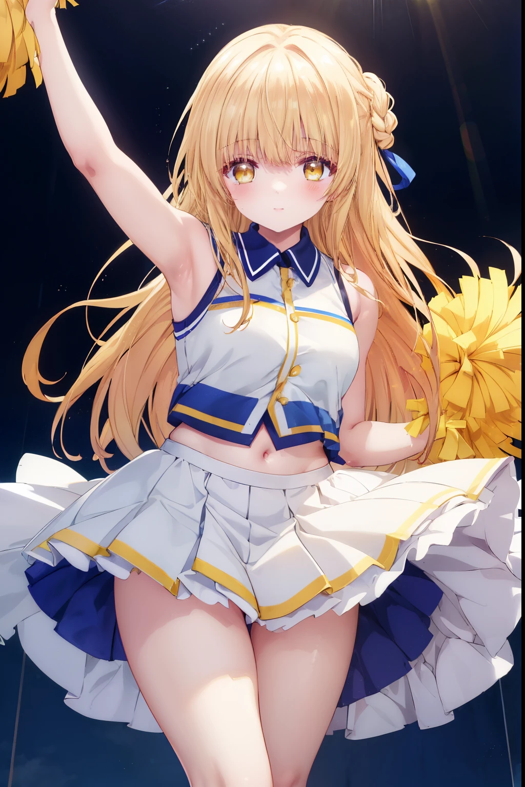 Mahiru shiina, , blonde, (Yellow Eyes:1.3)、Braided long hair,,blush,smile,Captivating thighs、Beautiful bare legs, Sideways armpit、Wearing cheerleading uniform、Sexy Cheerleader、dancing、Cheerleading Costumes、Holding cheer pom-pomy belly is visible
(masterpiece:1.2), highest quality, High resolution, unity 8k wallpaper, (shape:0.8), (Beautiful and beautiful eyes:1.6), Highly detailed face, Perfect lighting, Highly detailed CG, (Perfect hands, Perfect Anatomy),