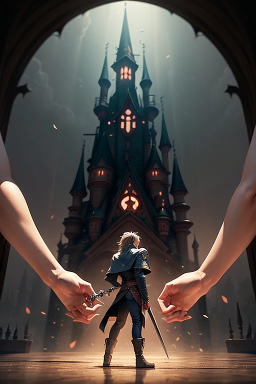 Develop an image depicting Alucard, the protagonist of Castlevania: Symphony of the Night, in a lateralized pose, showcasing his entire body. The image should convey the character's dark duality, inviting the viewer to delve into his mind and experiences. Alucard is portrayed amidst a gothic and mysterious environment, with details that emphasize the consequences of his cursed heritage. Show Alucard wielding a variety of weapons and magic. Describe reflections on his own identity and purpose. Create an immersive atmosphere filled with mysteries, capturing the gothic and dark world of Dracula's Castle. Capture the complexity of Alucard's character, his internal motivations, and the evolution of his journey. Leave room for surprising twists and emotional moments that define this iconic figure. Transport viewers into the world of Castlevania: Symphony of the Night, allowing them to explore the rich psychology and adventures of this captivating character.