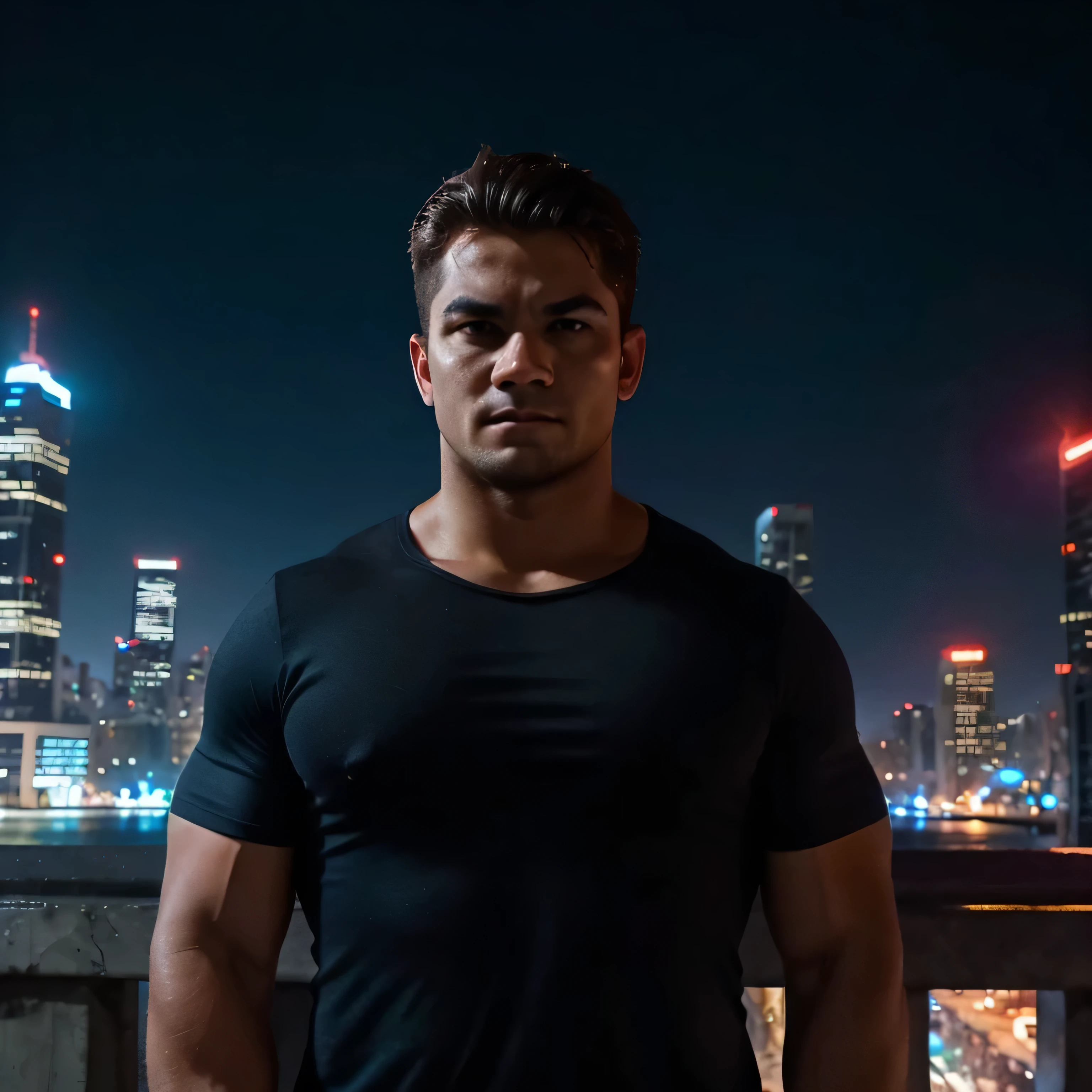 A man, strong, looking at forward, hero, in the night city, vibrant color, high definition, high quality