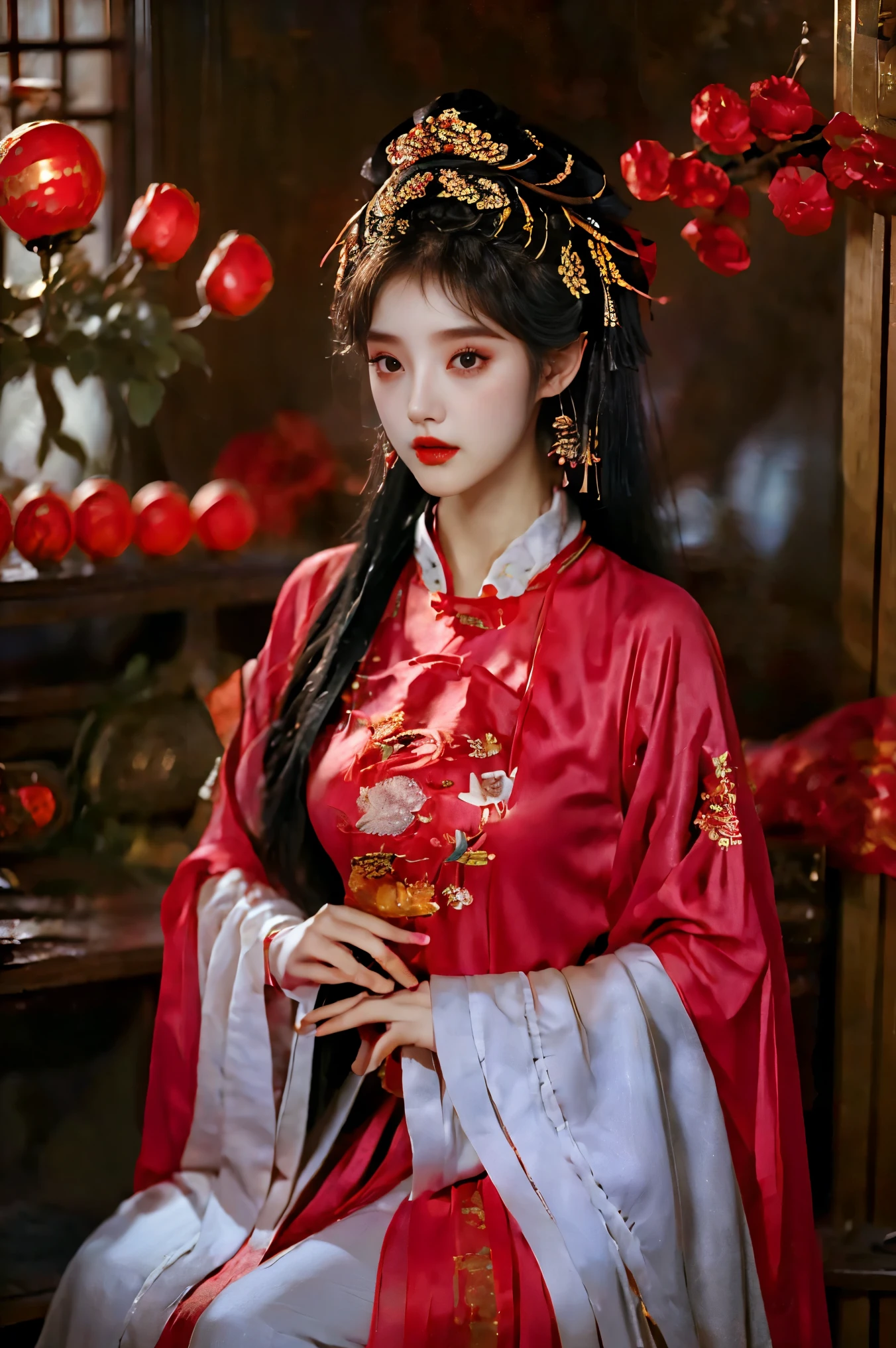 1girl, 20 years old, center, Black long hair, Red lips, Perfect thighs, Chinese Queen, Gold embroidery clothing, Red cheongsam, Lace, Red cape, Red embroidered shoes, (Look into the camera:1.5), stand up, night, Wooden pavilion, Chinese Palace, Front view, curls, Hair flying, Gloomy sky, beautiful right eye pupil, (Very delicate and beautiful Korean female facial features:1.3), (Beautiful and detailed description of eyes), Best picture quality, Movie Lighting, Detailed background, Surrealism, rococo style, Art Deco, dutch angle, masterpiece, UHD, masterpiece, ccurate, anatomically correct, textured skin, super detail, high details, award winning, best quality, 8k