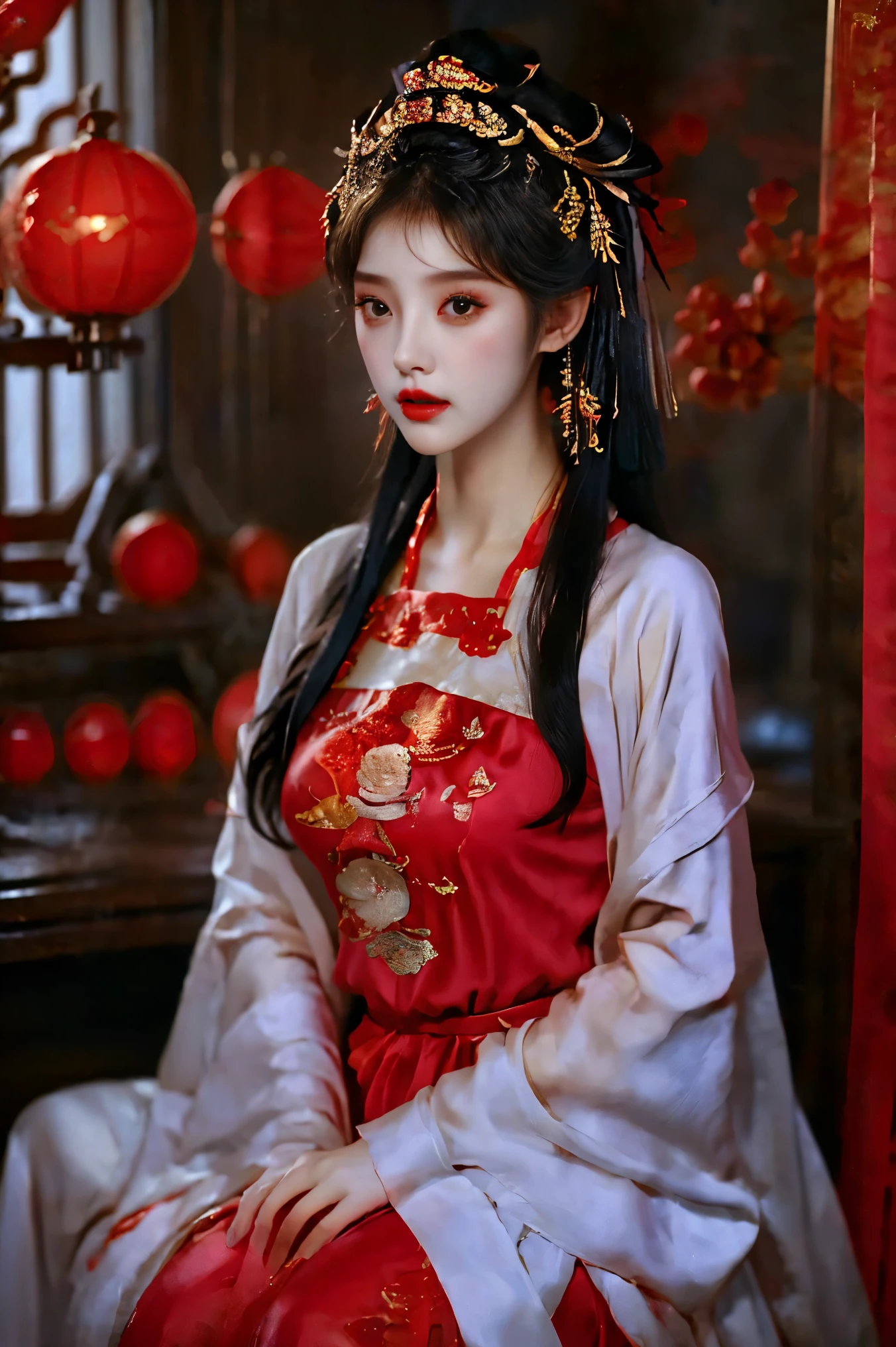 1girl, 20 years old, center, Black long hair, Red lips, Perfect thighs, Chinese Queen, Gold embroidery clothing, Red cheongsam, Lace, Red cape, Red embroidered shoes, (Look into the camera:1.5), stand up, night, Wooden pavilion, Chinese Palace, Front view, curls, Hair flying, Gloomy sky, beautiful right eye pupil, (Very delicate and beautiful Korean female facial features:1.3), (Beautiful and detailed description of eyes), Best picture quality, Movie Lighting, Detailed background, Surrealism, rococo style, Art Deco, dutch angle, masterpiece, UHD, masterpiece, ccurate, anatomically correct, textured skin, super detail, high details, award winning, best quality, 8k