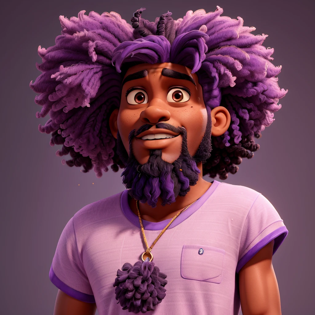 "He's a tall, confident black man with striking purple hair and a neatly trimmed beard to match. His hair is styled into a textured afro on top, dyed a vibrant shade of purple, while the sides are shaved close. With expressive eyes and trendy streetwear, he exudes coolness and self-assurance."
