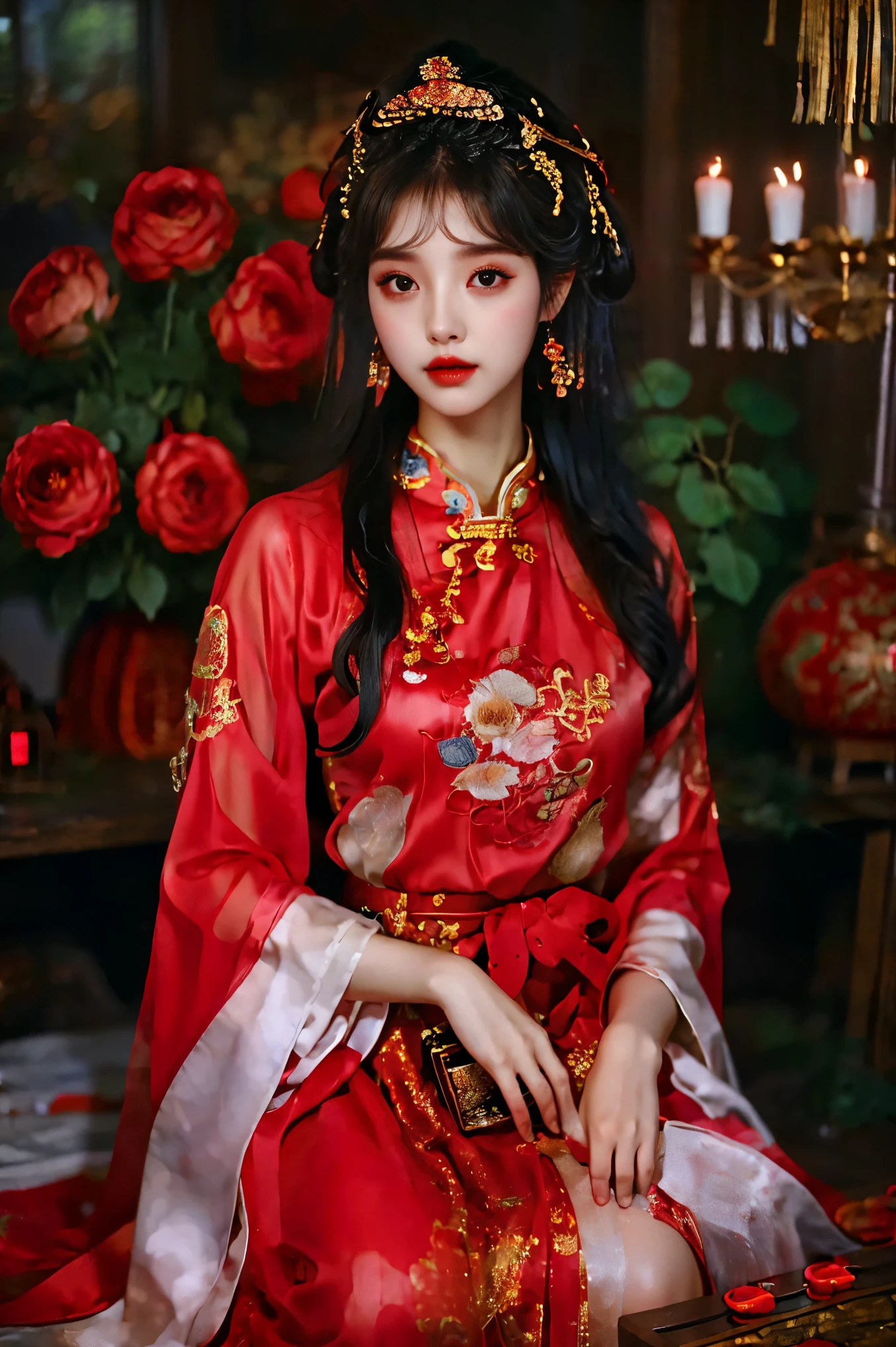 1girl，20 years old，center，Black long hair，Red lips，Perfect thighs，Chinese Queen，Gold embroidery clothing，Red cheongsam，Lace，Red cape，(Look into the camera:1.5)，stand up，night，Wooden pavilion，Chinese Palace，Front view，curls，Hair flying，Gloomy sky, beautiful right eye pupil，(Very delicate and beautiful Korean female facial features)，(Beautiful and detailed description of eyes) ，masterpiece，High detail CG Unity 8k wallpaper，Best picture quality，Movie Lighting，Detailed background