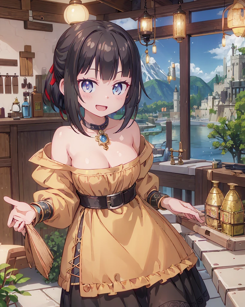 (fantasy:1.5),(anime,8k,masterpiece, top quality, best quality,beautiful and aesthetic:1.2,professional illustrasion:1.1,ultra detail:1.3,perfect lighting),extremely detailed,highest detailed,incredibly absurdres , highres, ultra detailed,intricate:1.6,(Alchemy Workshop:1.4),A girl mixing,Medicine in many small bottles,holding small potion,colorful:1.4,zentangle,(1girl),(girl),(Three kingdoms female warload),(highly detailed beautiful face and eyes,firm breasts),oily skin,((black,hair,short bob with short pony tail hair)),thin pubic hair,cute,lovely,34 years old,alchemist costume,Merchant's Clothing,smile,in the kitchen,smile,seductive weak smiling,(with sparkling eyes and a contagious smile),open mouth, Looking at Viewer,