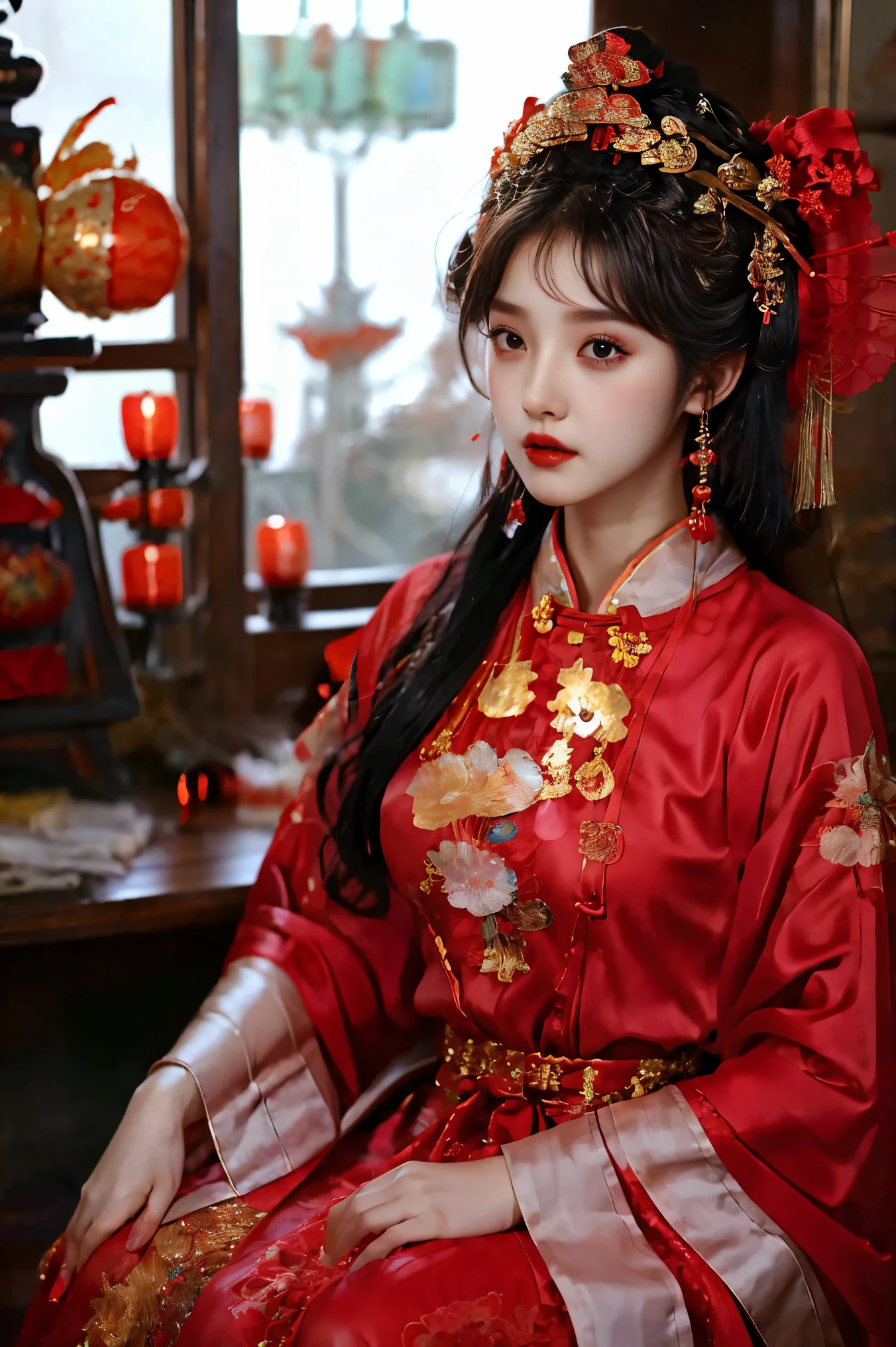 1girl，20 years old，center，Black long hair，Red lips，Perfect thighs，Chinese Queen，Gold embroidery clothing，Red cheongsam，Lace，Red cape，(Look into the camera:1.5)，stand up，night，Wooden pavilion，Chinese Palace，Front view，curls，Hair flying，Gloomy sky, beautiful right eye pupil，(Very delicate and beautiful Korean female facial features)，(Beautiful and detailed description of eyes) ，masterpiece，High detail CG Unity 8k wallpaper，Best picture quality，Movie Lighting，Detailed background