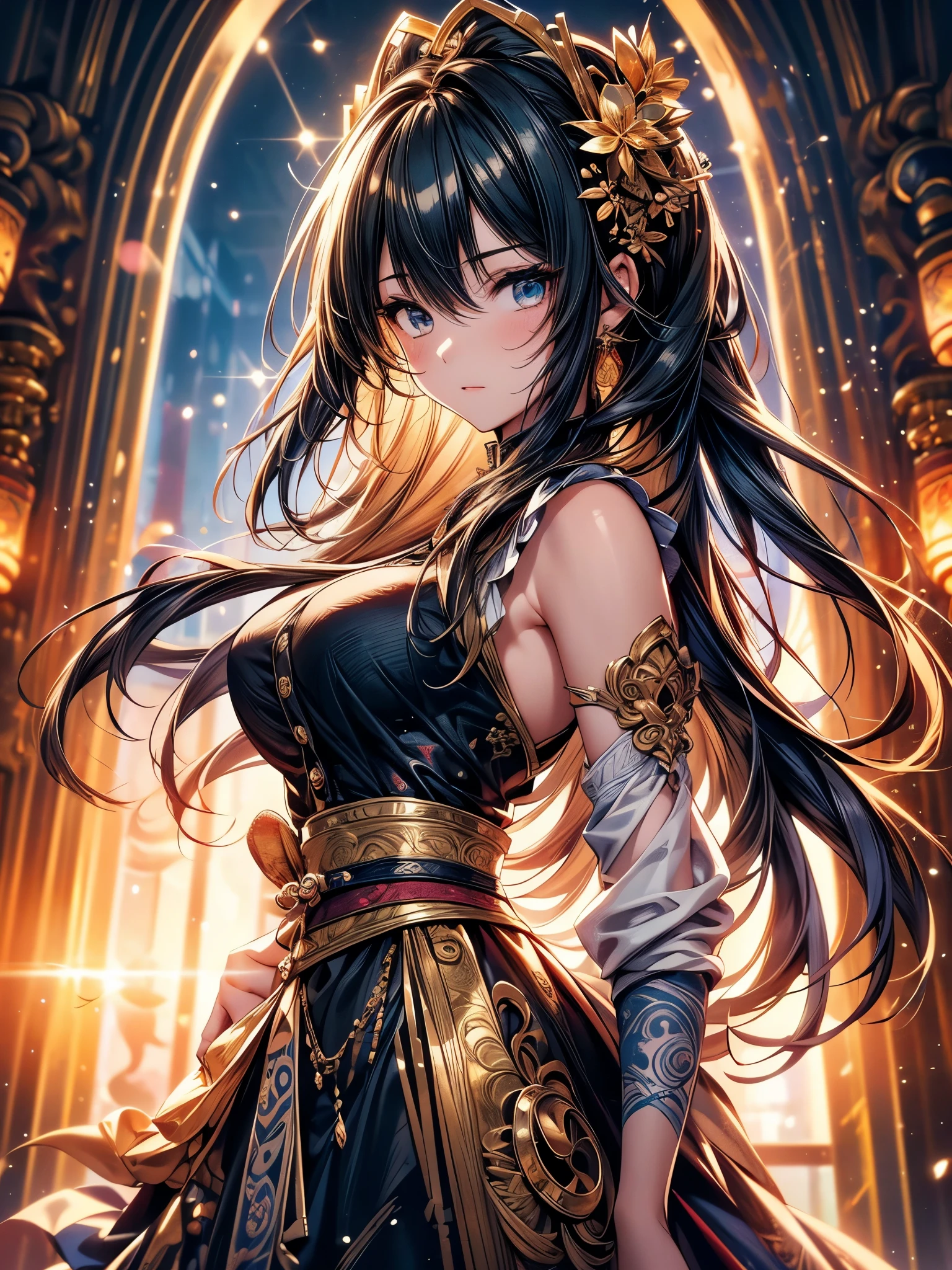 (original photo, best quality), (actual, photo-actual:1.3),best quality,Very detailed,masterpiece,Ultra Detailed,illustration,1 girl,Predominant_Body,Dynamic Angle,world masterpiece theater,messy_long_hair,best quality,Extremely detailed CG Unity 8K wallpaper,ink,amazing,Movie Lighting,lens_Flare, Dunhuang_style