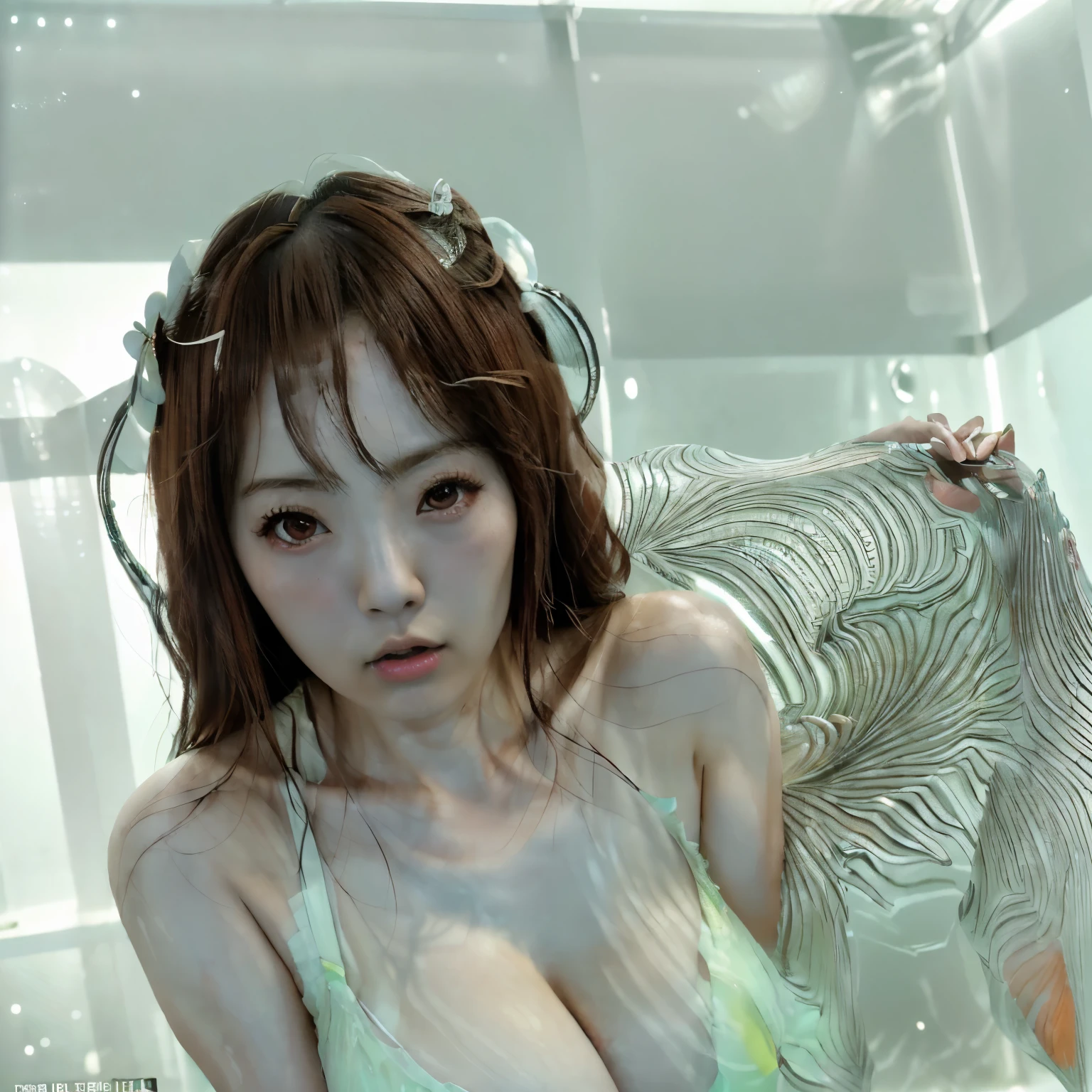 (best quality,4k,highres,ultra-detailed), (full body portraits,concept araffed asian woman in a white lingerie posing for a picture, a picture by Ayami Kojima, tumblr, shin (subject 1: hanga, japanese goddess, Yoshitomo Nara, sophisticated gravure idol, Beasts, realistic sensual gravure idol, translucent body, japanese, sakimichan, young sensual gravure idol) she looks confused on a beach at night, the light is from a ufo above her which is extending tentacles to pick the woman up and bring her into the ufo (damsel in distress, horror, alien abduction)