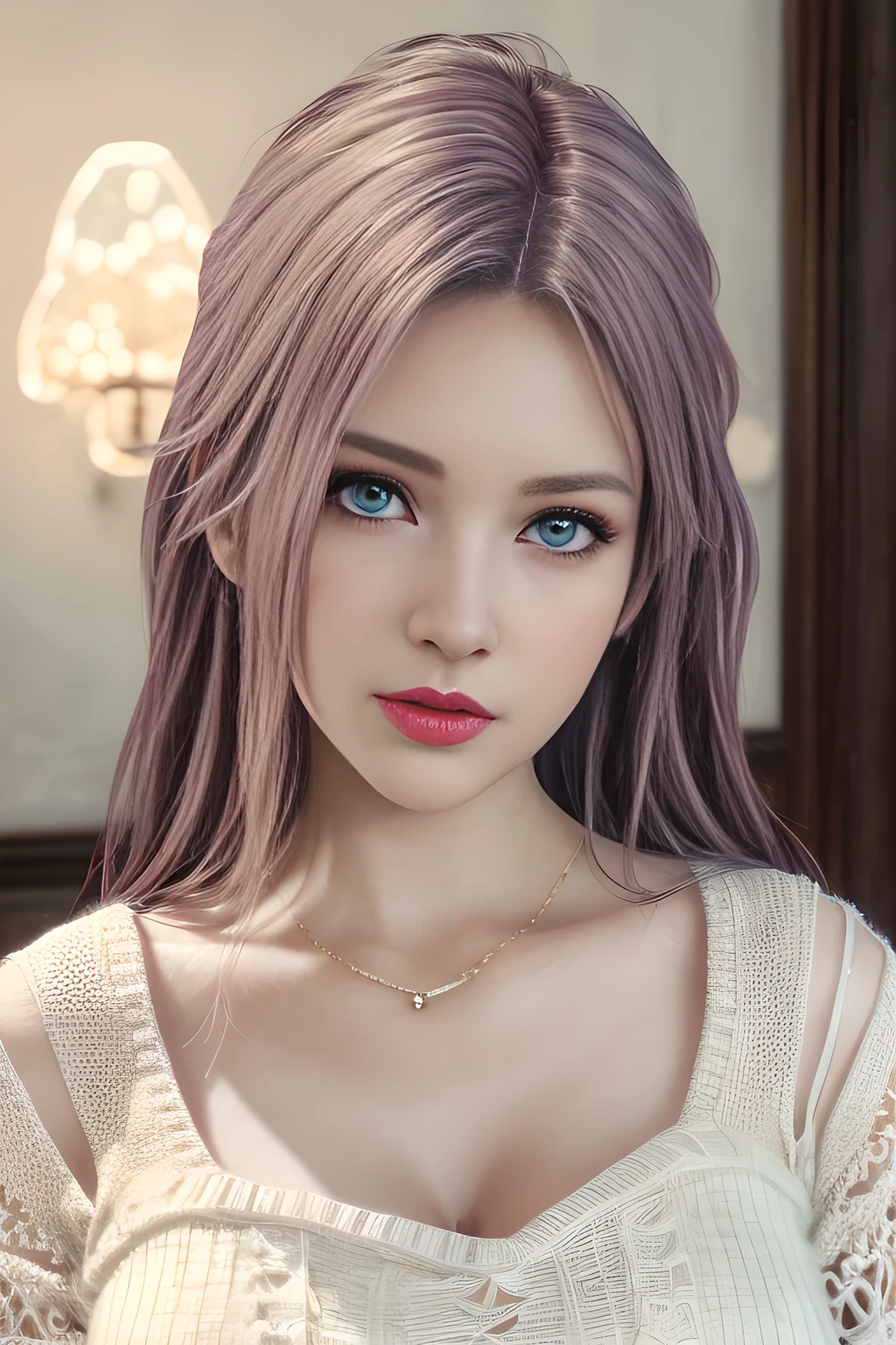 1girl, (best quality,4k,8k,highres,masterpiece:1.2),ultra-detailed,(realistic,photorealistic,photo-realistic:1.37), detailed eyes, detailed nose, detailed lips, sexy, top-down perspective, low-cut fluffy knitted white dress, elegant, detailed texture, warm fabric, under lighting, elise,