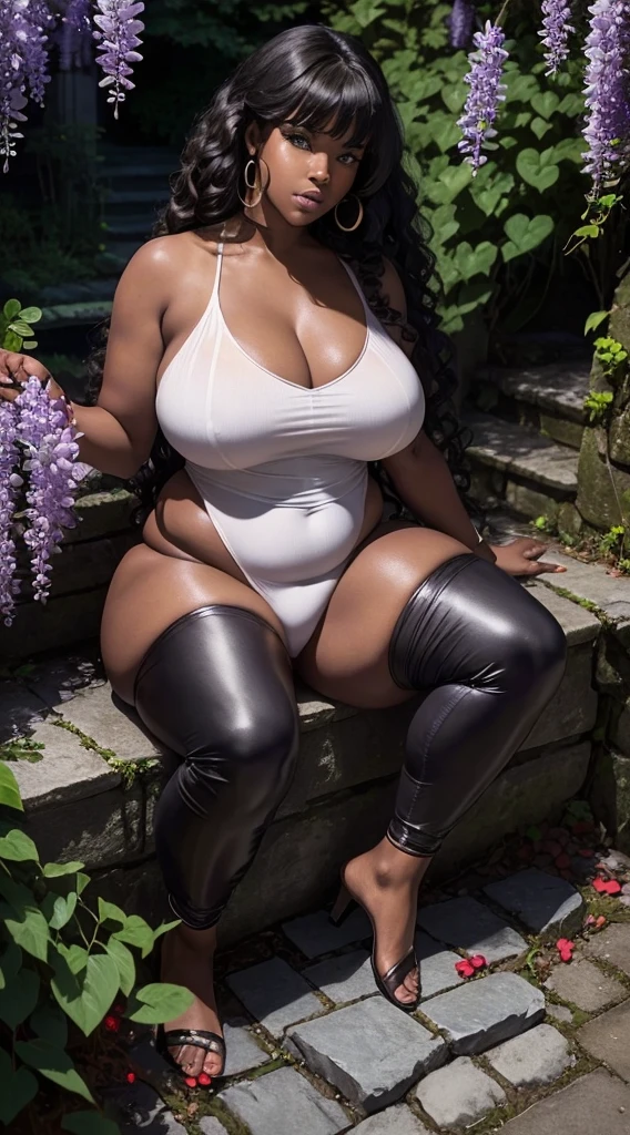 African American woman, voluptuous, big ass, , (( shoulder length curly brunette hair, two side up with bangs, ringlets, shoulder length curly brunette hair with bangs, two side up, ringlets, shoulder length curly brunette hair with bangs, two side up, ringlets,)), full body, sucking on black dildo, sexual facial expression, superhero white costume, (sexy with bodysuit), (red superhero cosplay), romantic background, UHD, 32k, 8k, dark skin, dripping wet, wet body, (chubby:1.2), (huge breasts:1.1), (huge breasts:1.1), ((Only, full body view, sitting, spread legs, facing the viewer, 1girl, background of garden, stone walls and pathways, wisteria trees, outside of mansion, official art, extremely detailed ,,))