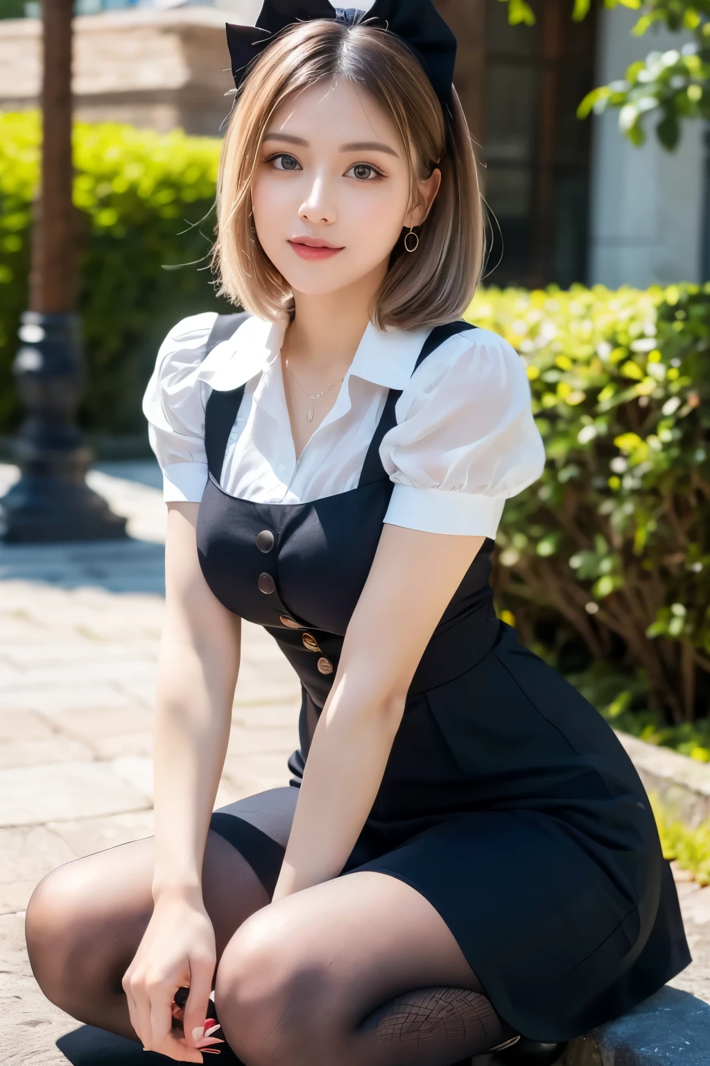 (((masterpiece))), (((highest quality: 1.4))), ((Super Detail: 1.4)) , ulzzang-6500-v1.1, (RAW Photos:1.2), (Realistic), (See-through:1.3), (masterpiece), (Genuine:1.4), Very detailed, Sharp focus, Tensura:Luminous Valentine、One beautiful woman, ((Beautiful and shiny silver hair))、Fine grain、Detailed face、((Red right eye、Bright blue left eye))、Gothic ta Maid Clothing、Knee-high socks、