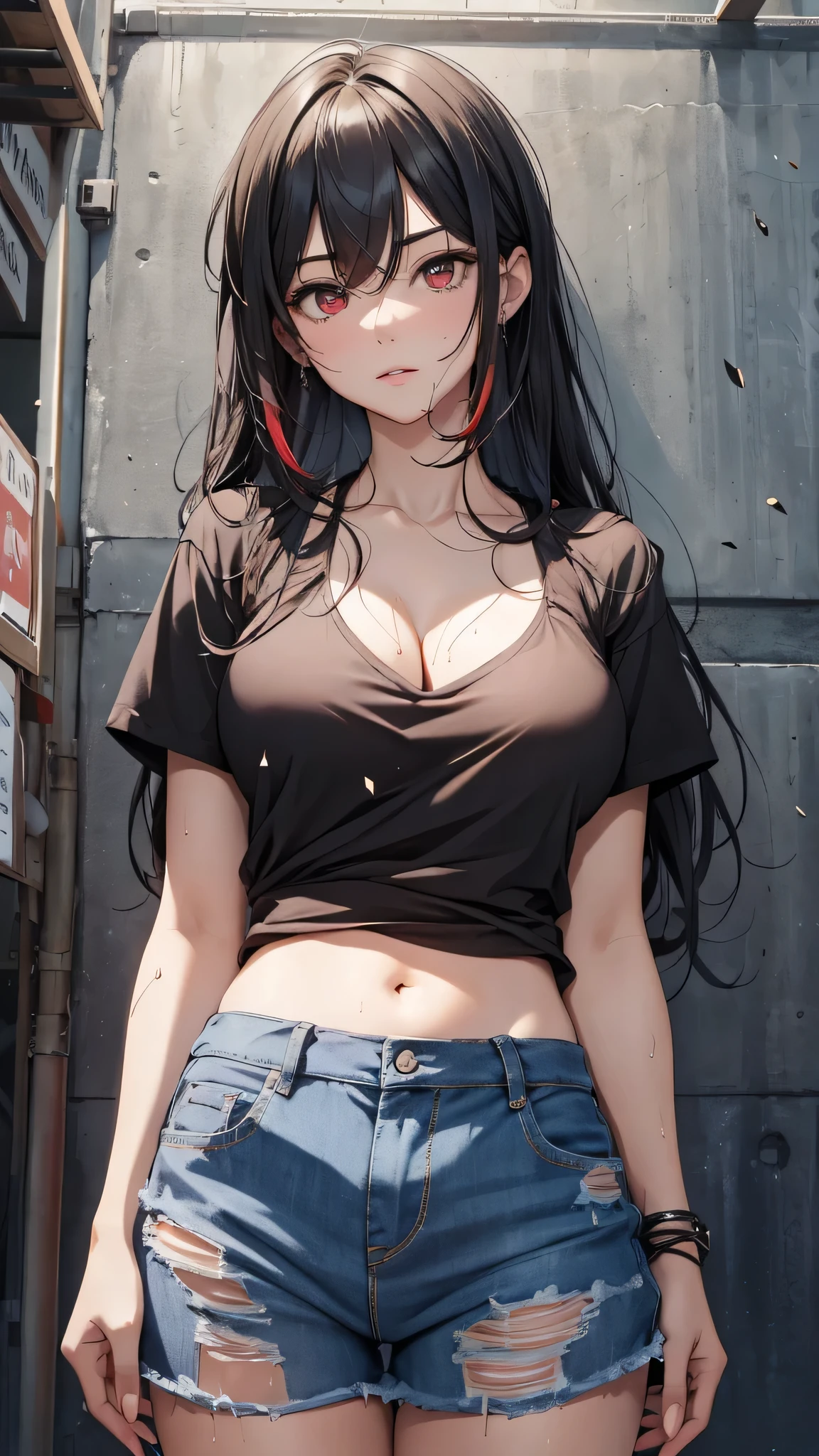 最high quality、Best image quality、masterpiece、girl((18-year-old、 By becoming、Best Bust、Medium Bust,Wide open breast tea、Red glowing eyes,Black Hair、Red Mesh、Disheveled Hair、Lointail、thin,The highest valley、Open chest、Luminous Wristbands、hair ornaments、Show the whole body,Black short sleeve T-shirt、Short denim trousers、Cool image, cool pose、My whole body is wet)),high quality、Beautiful art、background((Photography room))、Flight、Flying debris、Written boundary depth、movie、Visual Arts、Perfect art、8K,Genuine,