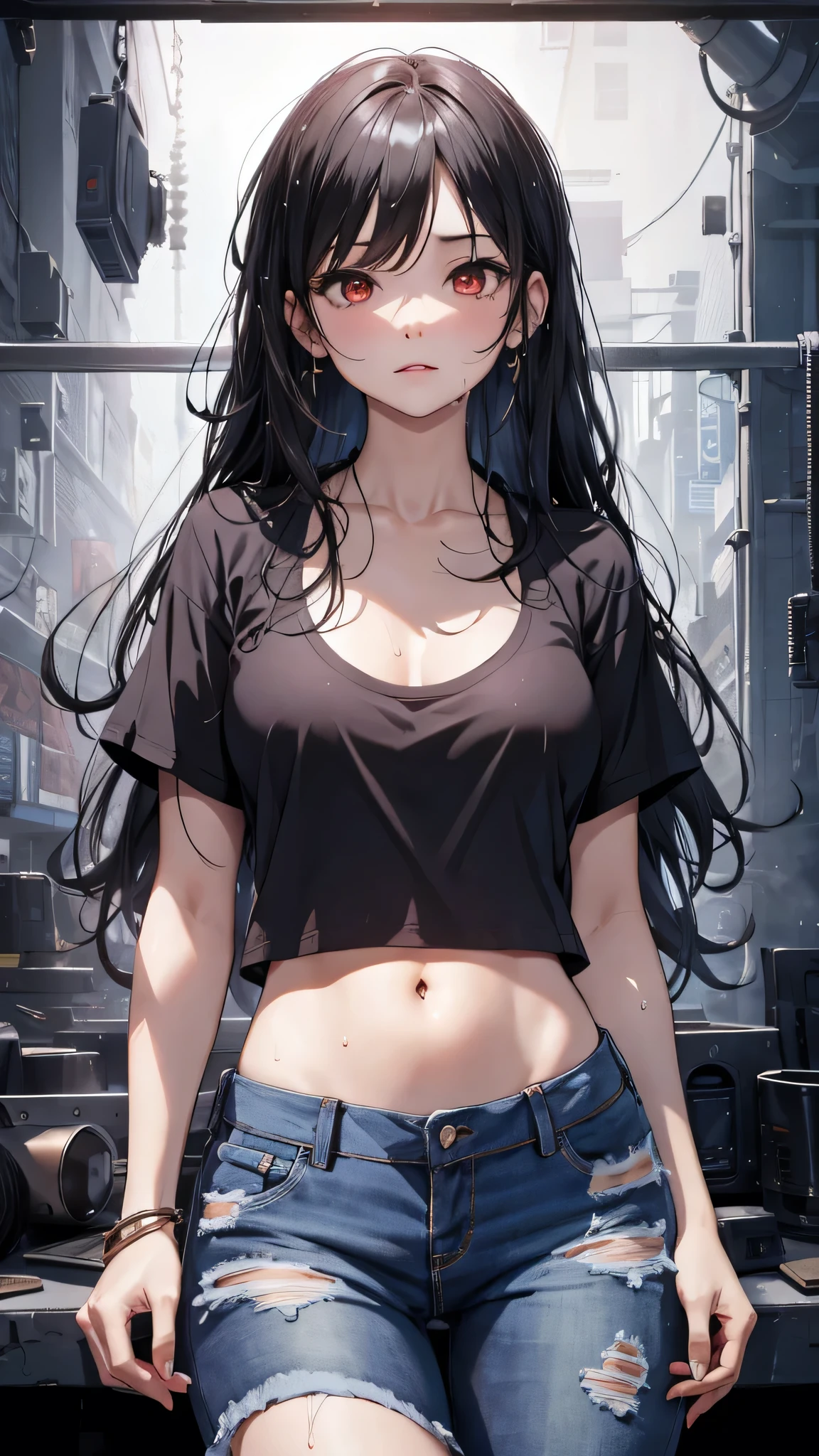 最high quality、Best image quality、masterpiece、girl((18-year-old、 By becoming、Best Bust、Medium Bust,Wide open breast tea、Red glowing eyes,Black Hair、Red Mesh、Disheveled Hair、Lointail、thin,The highest valley、Open chest、Luminous Wristbands、hair ornaments、Show the whole body,Black short sleeve T-shirt、Short denim trousers、Cool image, cool pose、My whole body is wet)),high quality、Beautiful art、background((Photography room))、Flight、Flying debris、Written boundary depth、movie、Visual Arts、Perfect art、8K,Genuine,