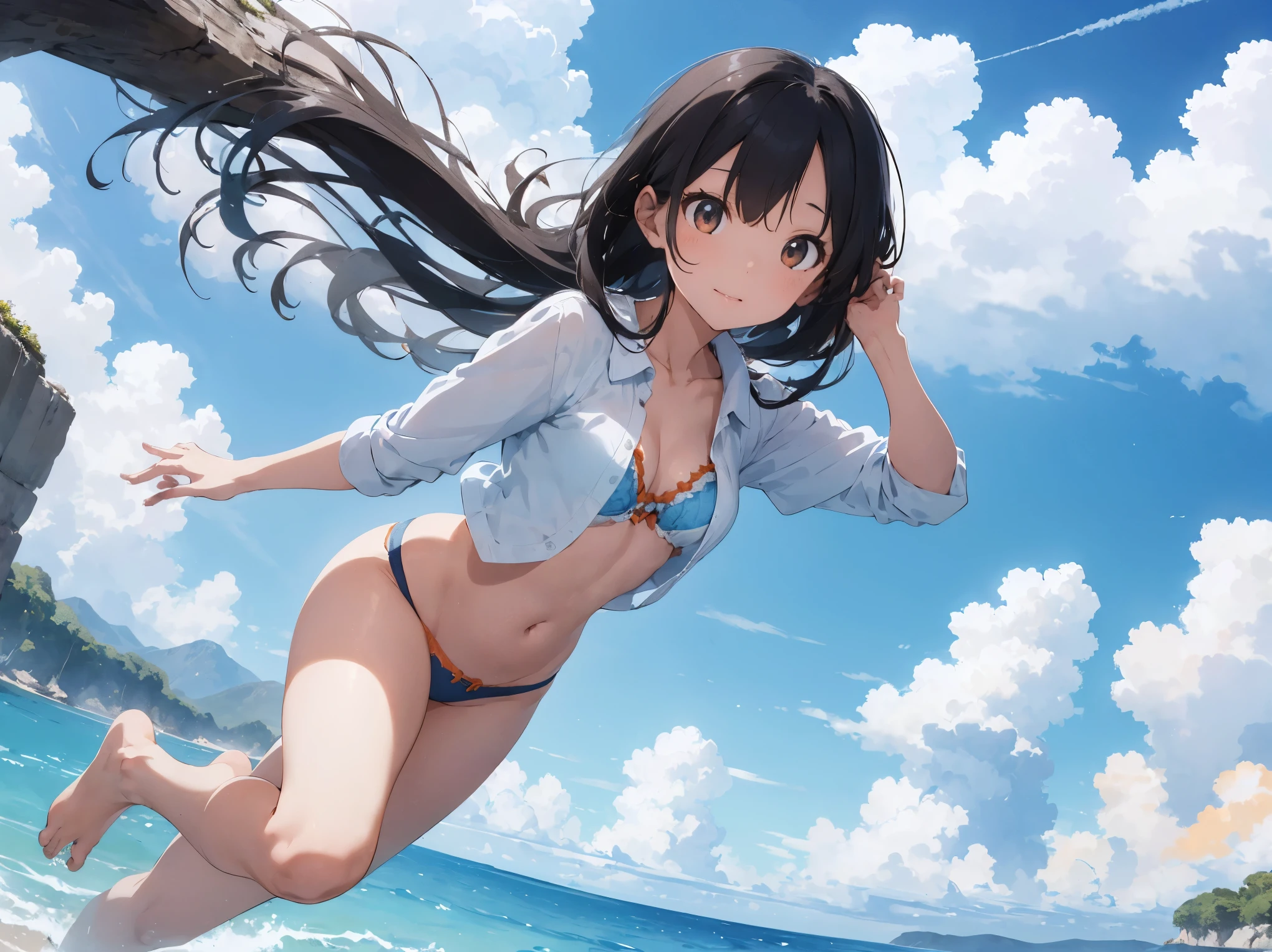 A girl in a long white short-sleeved shirt with the buttons undone、Cute light blue bra、Cute light blue underwear、barefoot、Girl with super long black hair、Blue ocean, cumulonimbus clouds and blue sky、Beautiful breasts、White skin、Orange bra、Orange underwear