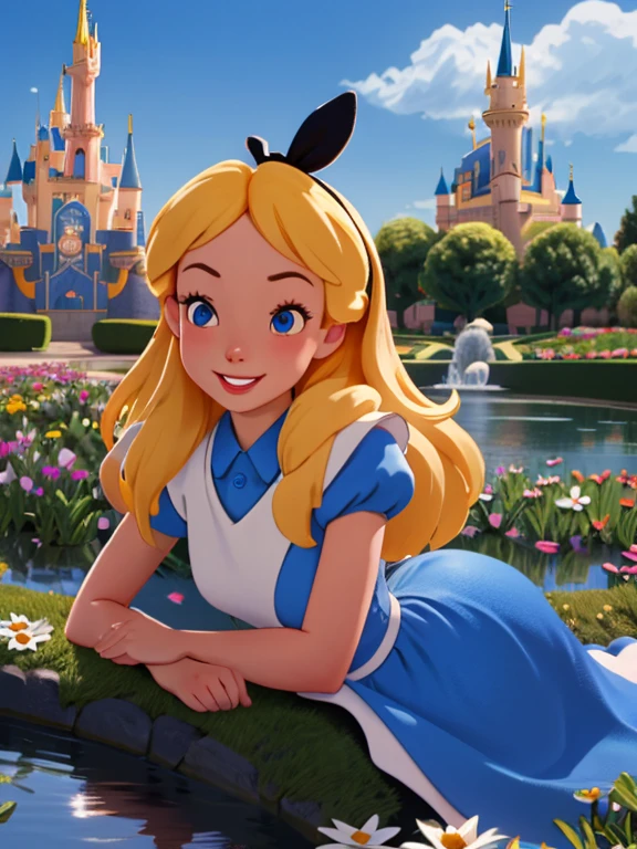 (masterpiece), (best quality), (extremely detailed), alice liddell, blue dress, white apron, black hairband, white long socks, cute pose, in a flower garden, (pond), (((disney castle at the background))), (blue sky), (sunny day), 3d. Illustration, Good Highlights, Perfect Proportions, dynamic, Professional, Award winning, (high detailed skin), (high detailed face), photorealistic, HDR, ultra highres, absurdres, perfect body shape, cute smiling, realistic figure, sexy posing, teaser lying down, perfect breast, bunny, cute little animal