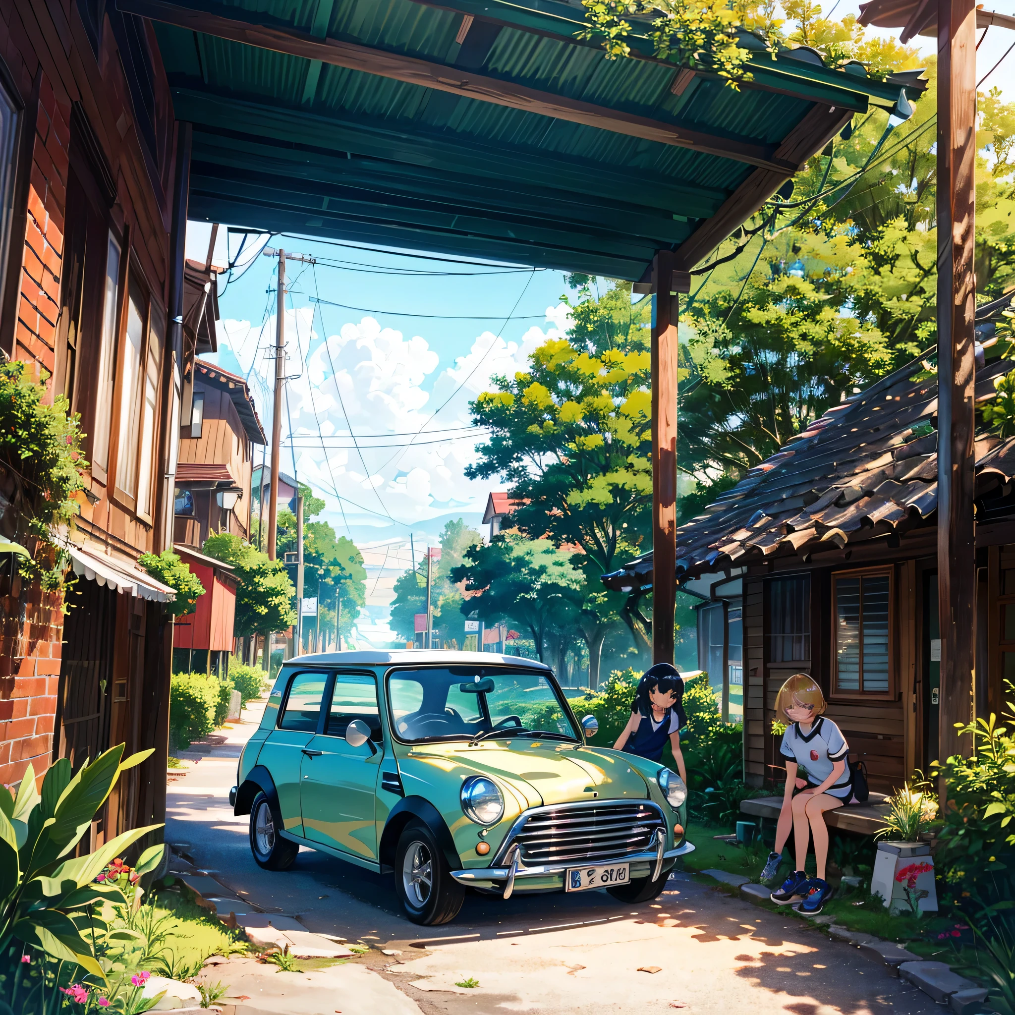 Very detailed background (tropical country, service area, tropical decorations, lots of retro cars parked), bright and beautiful atmosphere, 3 girls (2 years old, (1 short-handed), round face), (Children: 1 and a half years old) (hair, surface effects, color effects), small breasts, blonde hair, very long tied hair (hair, surface effects, athletic clothing, (color effects), girls leaning on retro Mini Coopers, deltamon_sdXL :0.73>Deltamon