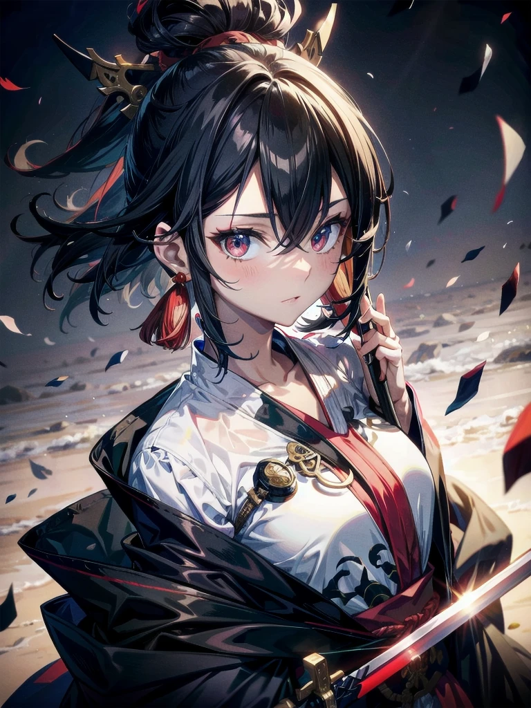 absurdres, RAW photo, extremely delicate and beautiful, masterpiece, Best Quality, ultra high resolution, 32k, hyperrealistic, ultra-detailed, in her 20s, delicate facial features, tearful mole, earring, medium breasts, whole body shot, shorter middle hair, black hair, shuimobysim, Japanese kimono, ninja, samurai, sword with blue flames,