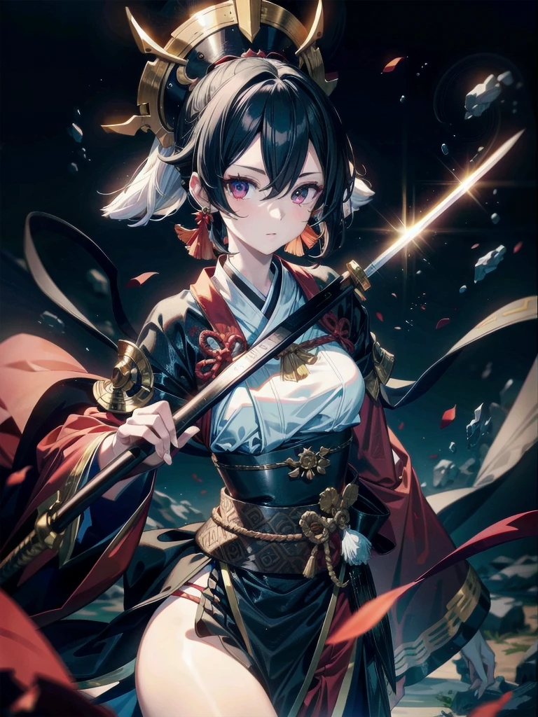 whole body, red-black costume, holding a sword, Onmyoji, nobushi, Flowing white robe, absurdres, RAW photo, extremely delicate and beautiful, masterpiece, Best Quality, ultra high resolution, 32k, hyperrealistic, ultra-detailed, detailed description, pale skin, 20 years old, tearful mole, earring, Colossal tits, short medium hair, wavy hair,