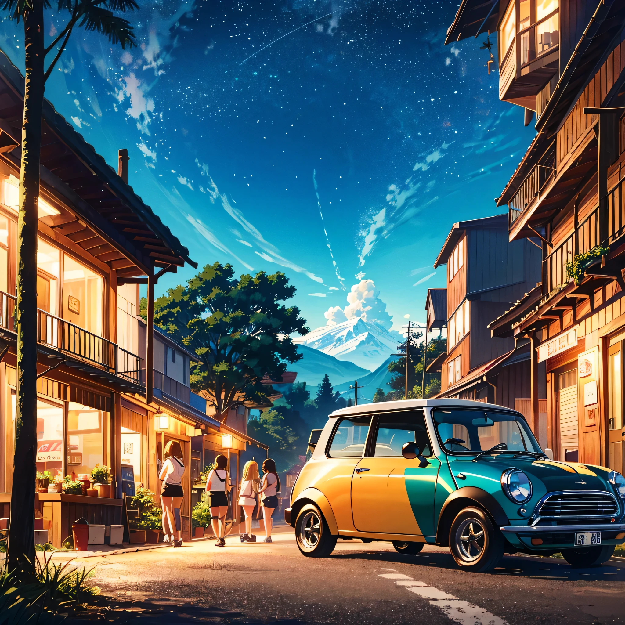 Very detailed background (tropical country, service area, tropical decorations, lots of retro cars parked), bright and beautiful atmosphere, 3 girls (, (1 short-handed), round face), (Children: 1 and a half years old) (hair, surface effects, color effects), small breasts, blonde hair, very long tied hair (hair, surface effects, athletic clothing, (color effects), girls leaning on retro Mini Coopers, deltamon_sdXL :0.73>Deltamon