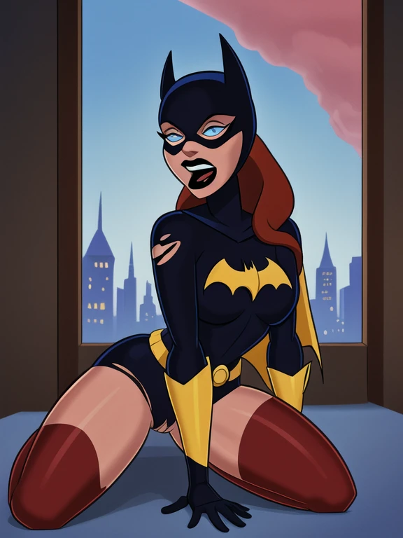 score_9, score_8_up, score_7_up, score_6_up, 1girl, solo, batgirl is sittingon her knees,hot fat thighs , mask, black lips, red hair, belt, (torn bodysuit), black bodysuit, sideboob, pointy breasts, cape, yellow gloves,in windowviewof gotham city, red sky, dirigible, (icy blue eyes) thin beautiful nose, open mouth,( on her knees) ripped suits,riding dick, screaming in agony