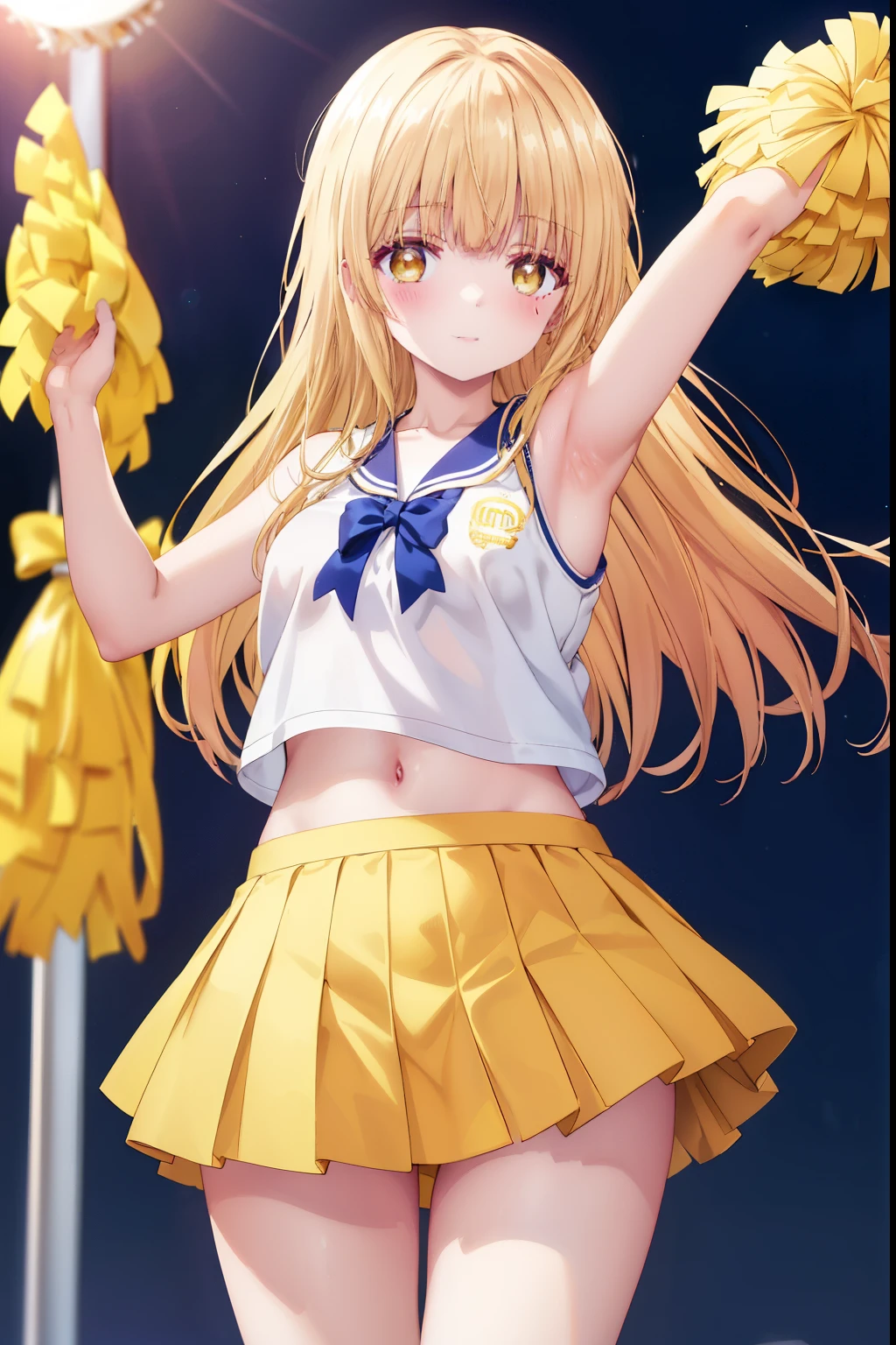 Mahiru shiina, , blonde, (Yellow Eyes:1.3)、Braided long hair,,blush,smile,Captivating thighs、Beautiful bare legs, Sideways armpit、Wearing cheerleading uniform、Sexy Cheerleader、dancing、Cheerleading Costumes、Holding cheer pom-pomy belly is visible、Her underwear is visible through her super miniskirt
（masterpiece:1.2), highest quality, High resolution, unity 8k wallpaper, (shape:0.8), (Beautiful and beautiful eyes:1.6), Highly detailed face, Perfect lighting, Highly detailed CG, (Perfect hands, Perfect Anatomy),