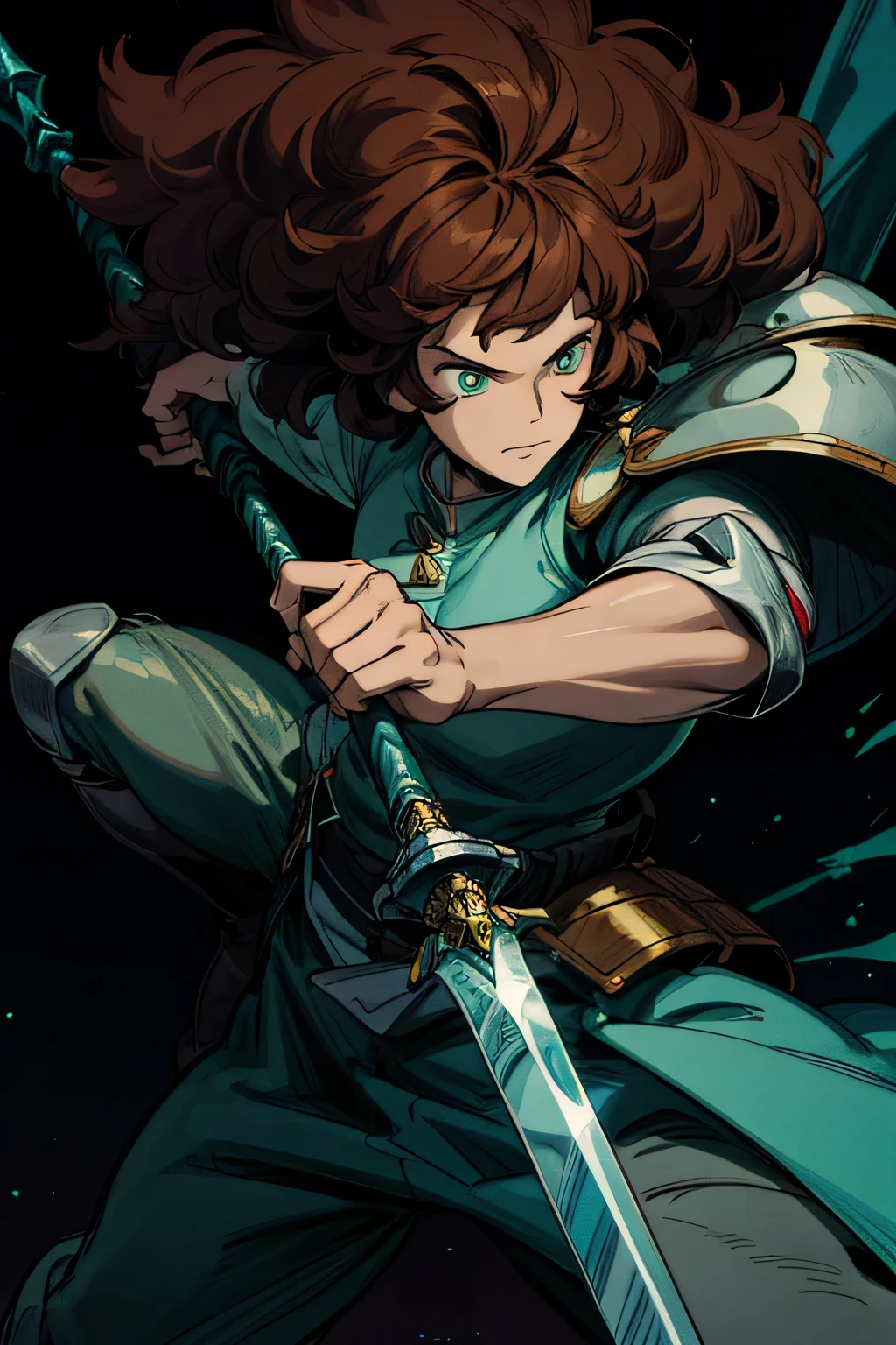 male, adult, close up, dynamic pose, puffy hair, knight, brown hair, aqua glowing eyes, one-fourth view, holding spear