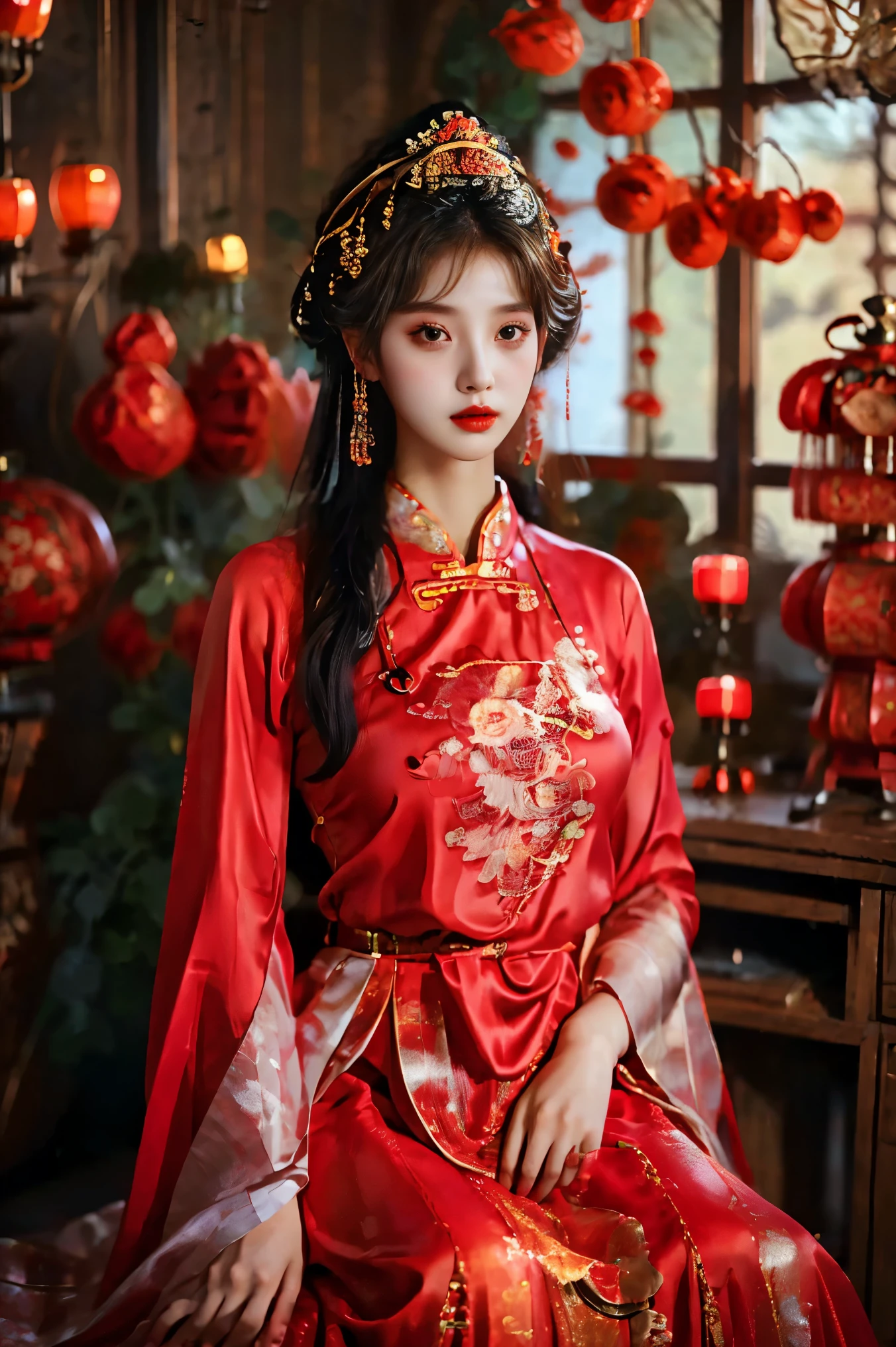 1girl，20 years old，center，Black long hair，Red lips，Perfect thighs，Chinese Queen，Gold embroidery clothing，Red cheongsam，Lace，Red cape，(Look into the camera:1.5)，stand up，night，Wooden pavilion，Chinese Palace，Front view，curls，Hair flying，Gloomy sky, beautiful right eye pupil，(Very delicate and beautiful Korean female facial features)，(Beautiful and detailed description of eyes) ，masterpiece，High detail CG Unity 8k wallpaper，Best picture quality，Movie Lighting，Detailed background